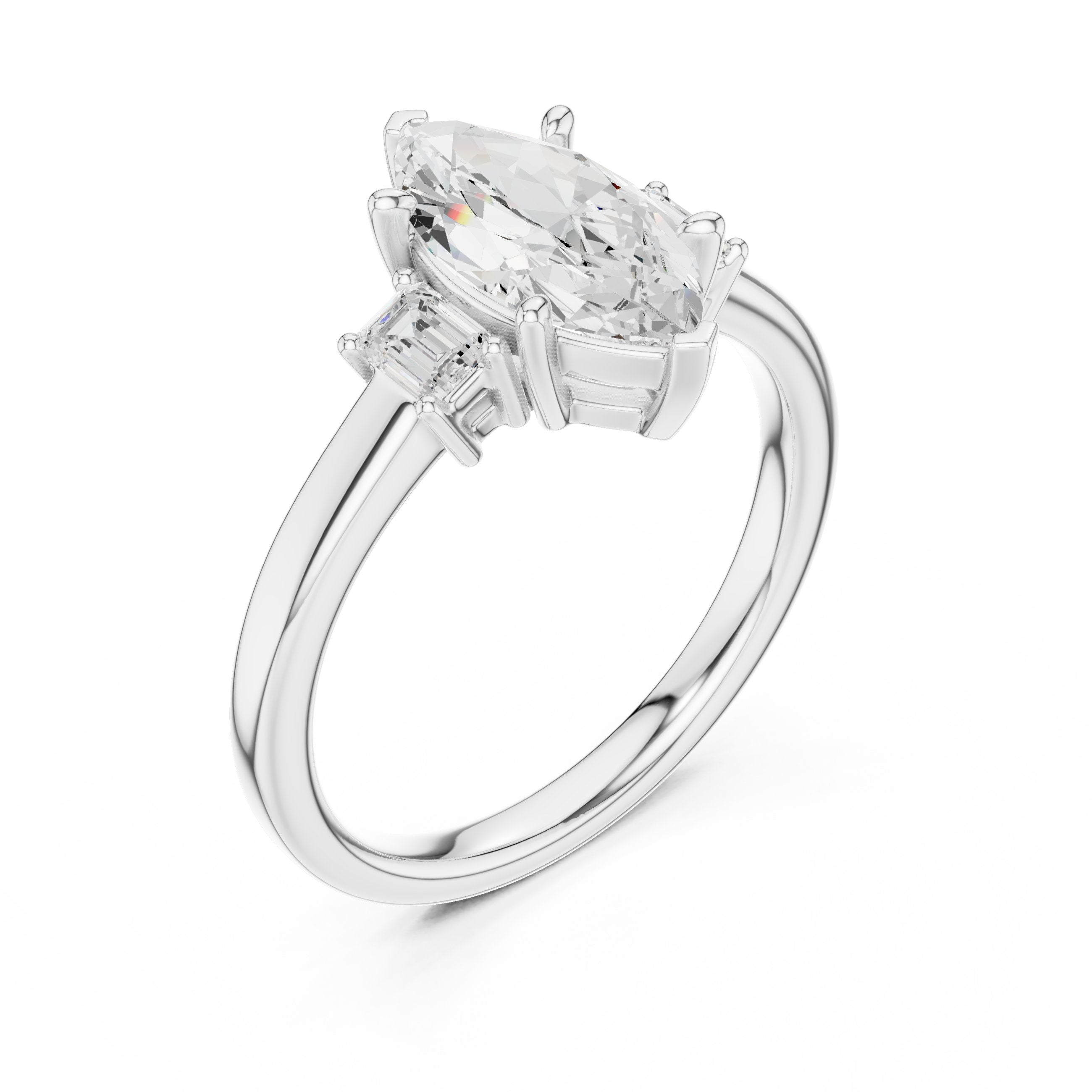 Marquise Cut Three Stone Engagement Ring with Emerald Sides in White Gold - VYKA Diamonds
