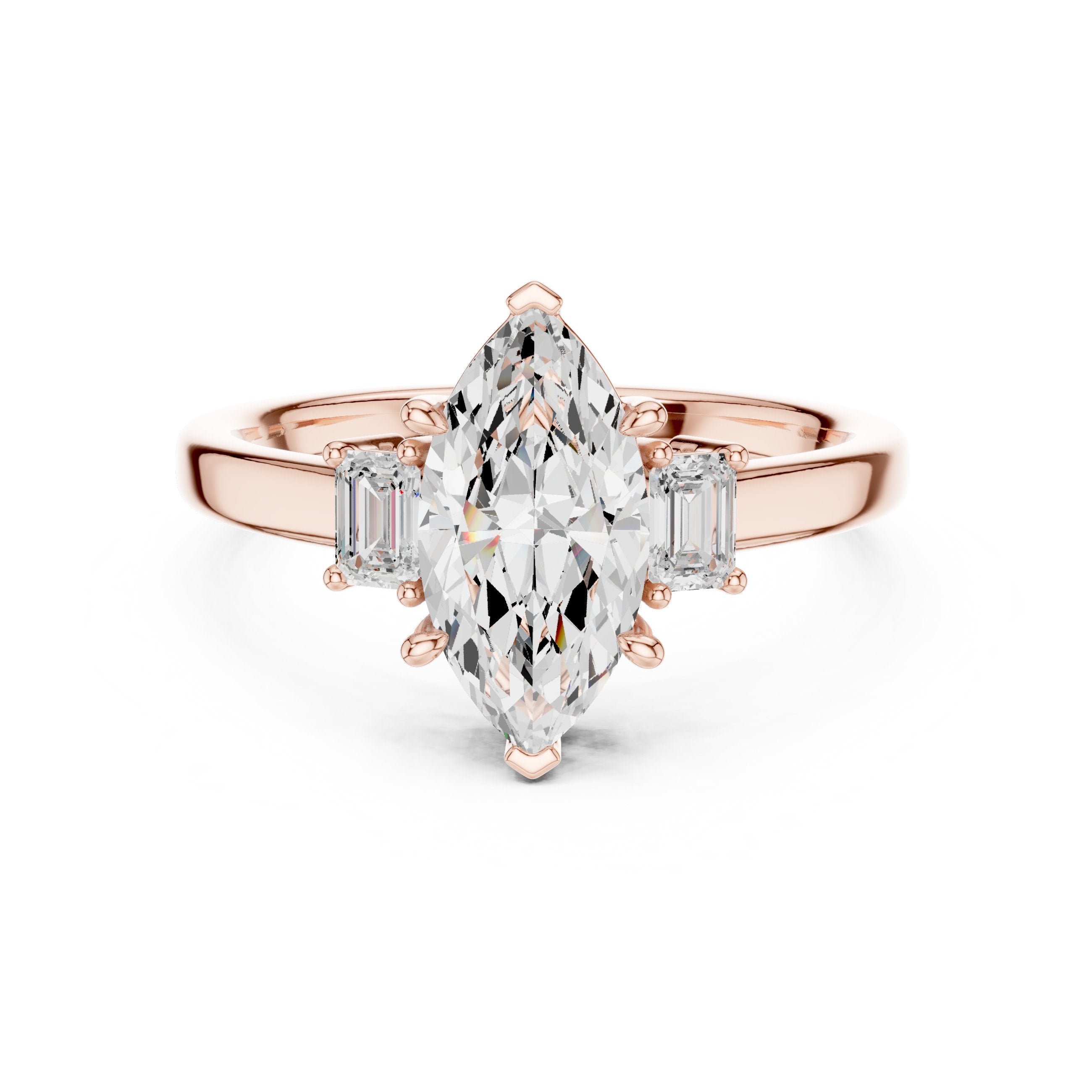 Marquise Cut Three Stone Engagement Ring with Emerald Sides in Rose Gold - VYKA Diamonds
