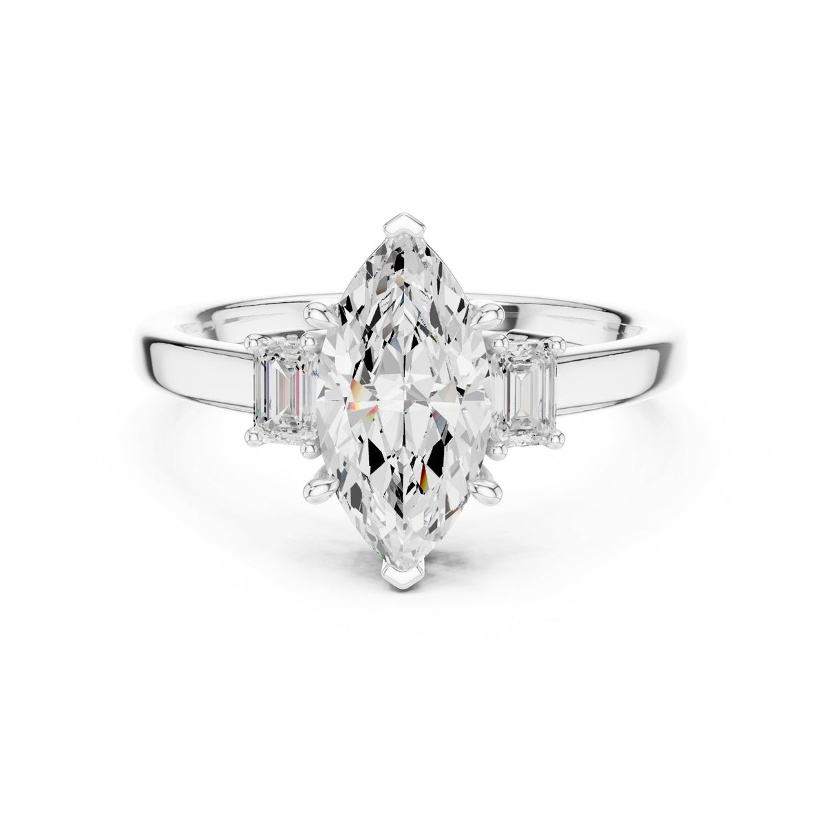Marquise Cut Three Stone Engagement Ring with Emerald Sides