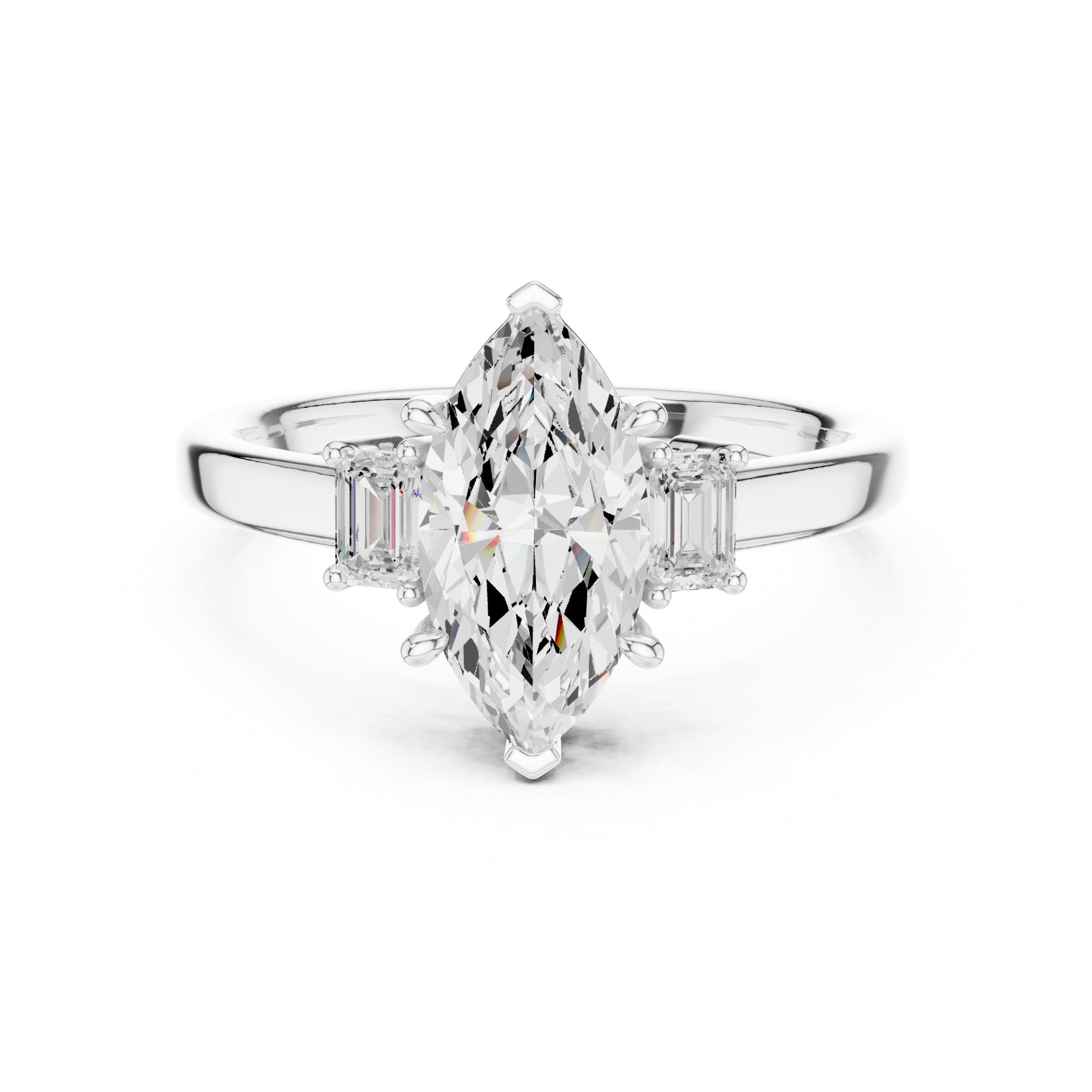 Marquise Cut Three Stone Engagement Ring with Emerald Sides in White Gold - VYKA Diamonds