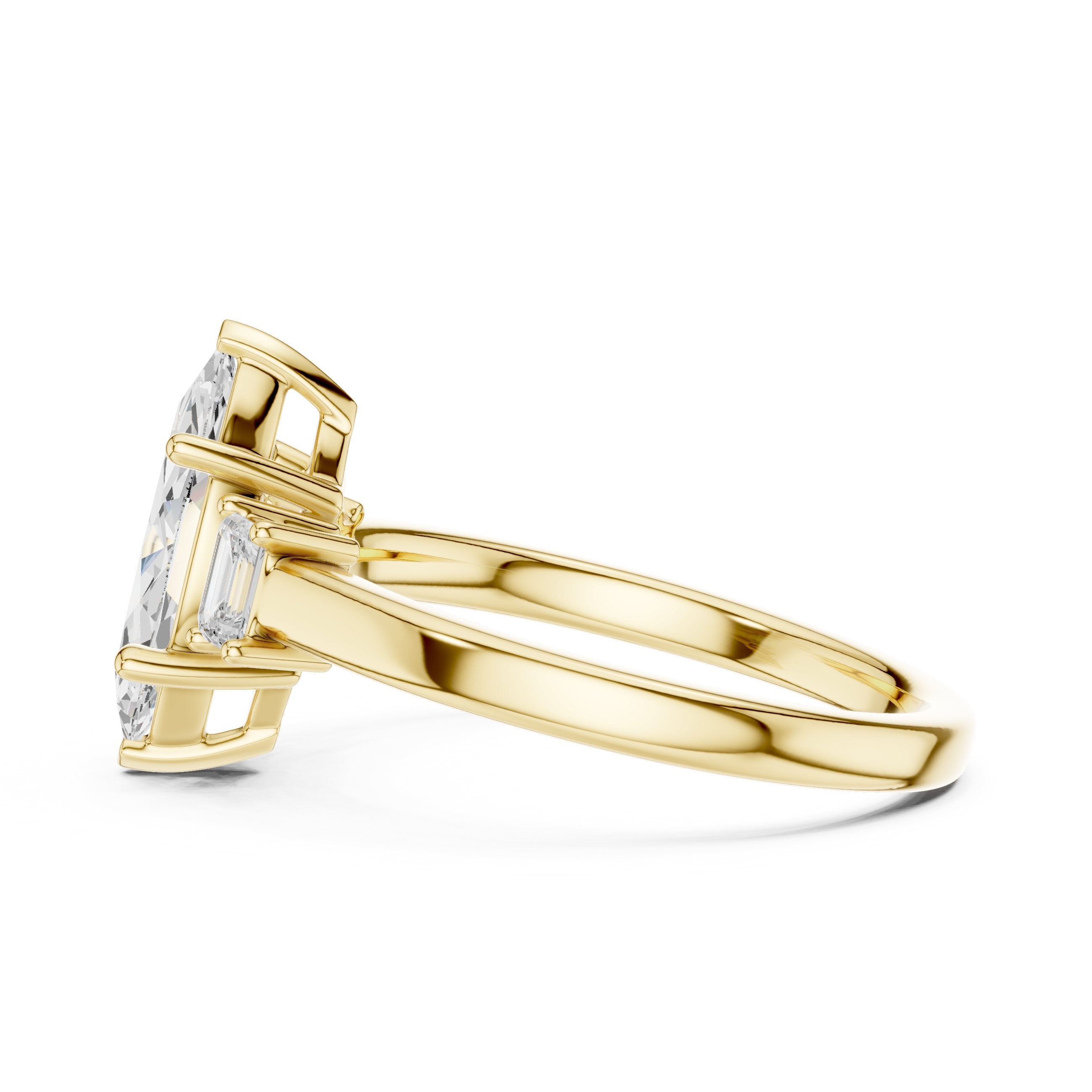 Marquise Cut Three Stone Engagement Ring with Emerald Sides in Yellow Gold - VYKA Diamonds