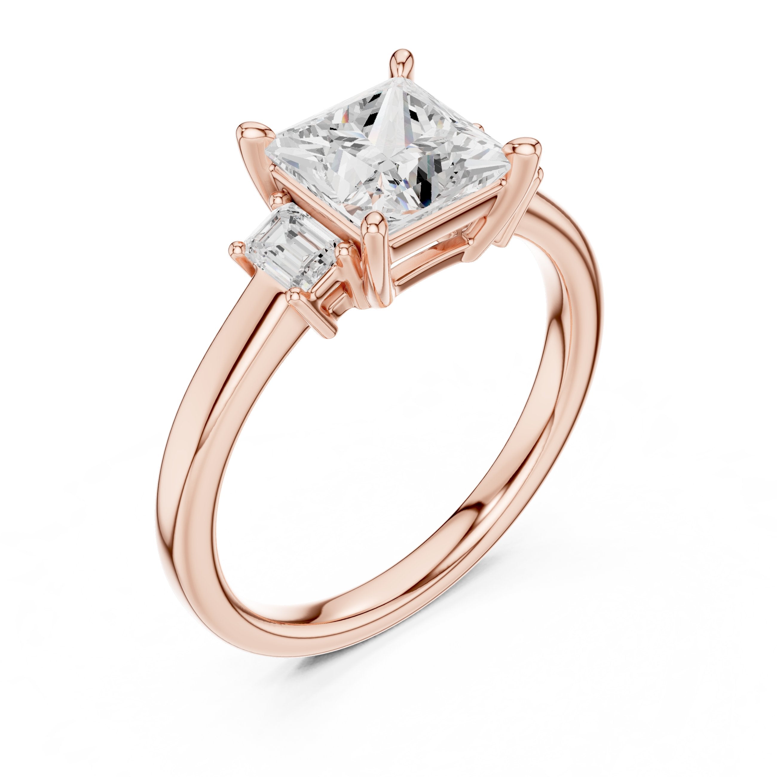 Princess Cut Three Stone Engagement Ring with Tapered Baguette Sides in Rose Gold - VYKA Diamonds