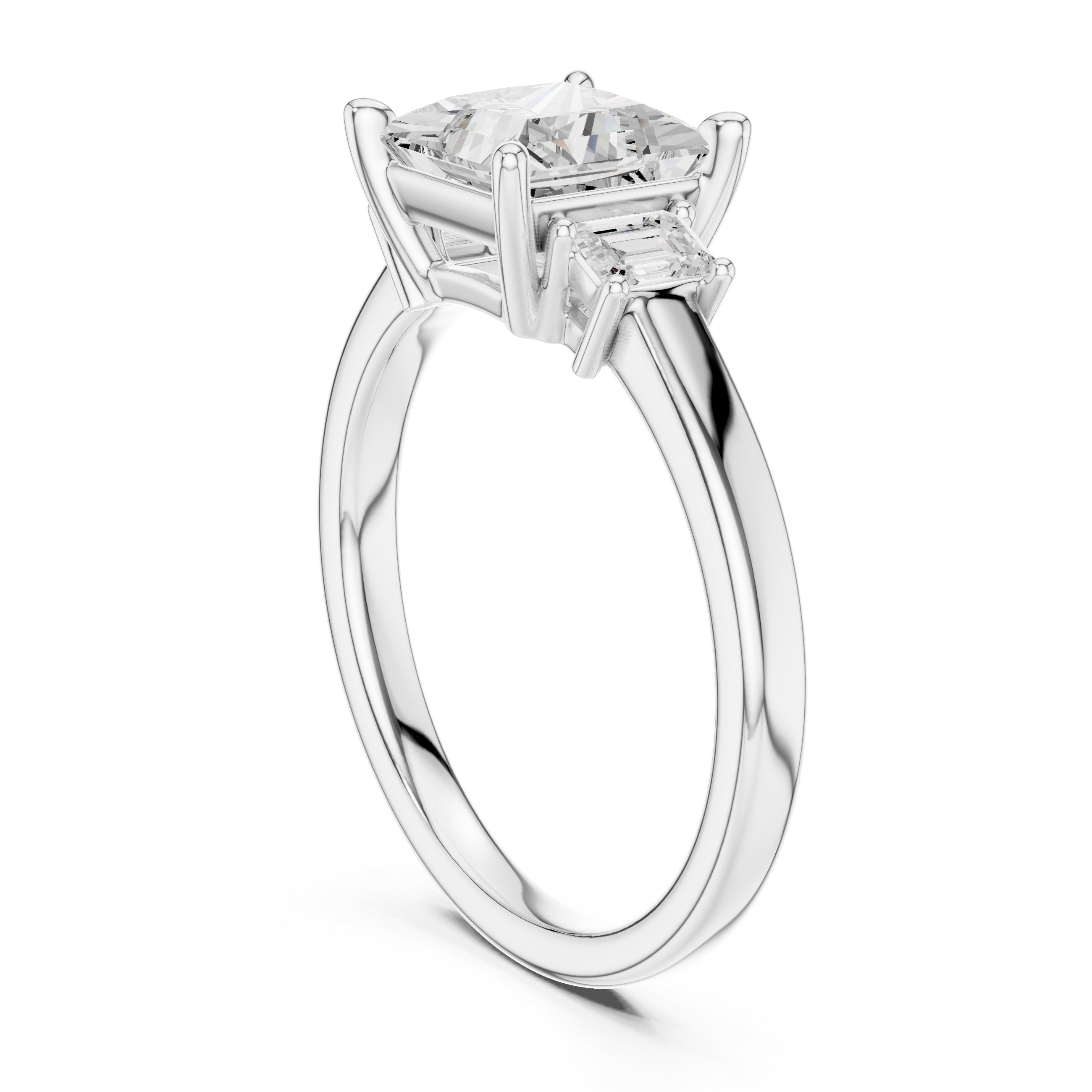 Princess Cut Three Stone Engagement Ring with Tapered Baguette Sides in White Gold - VYKA Diamonds