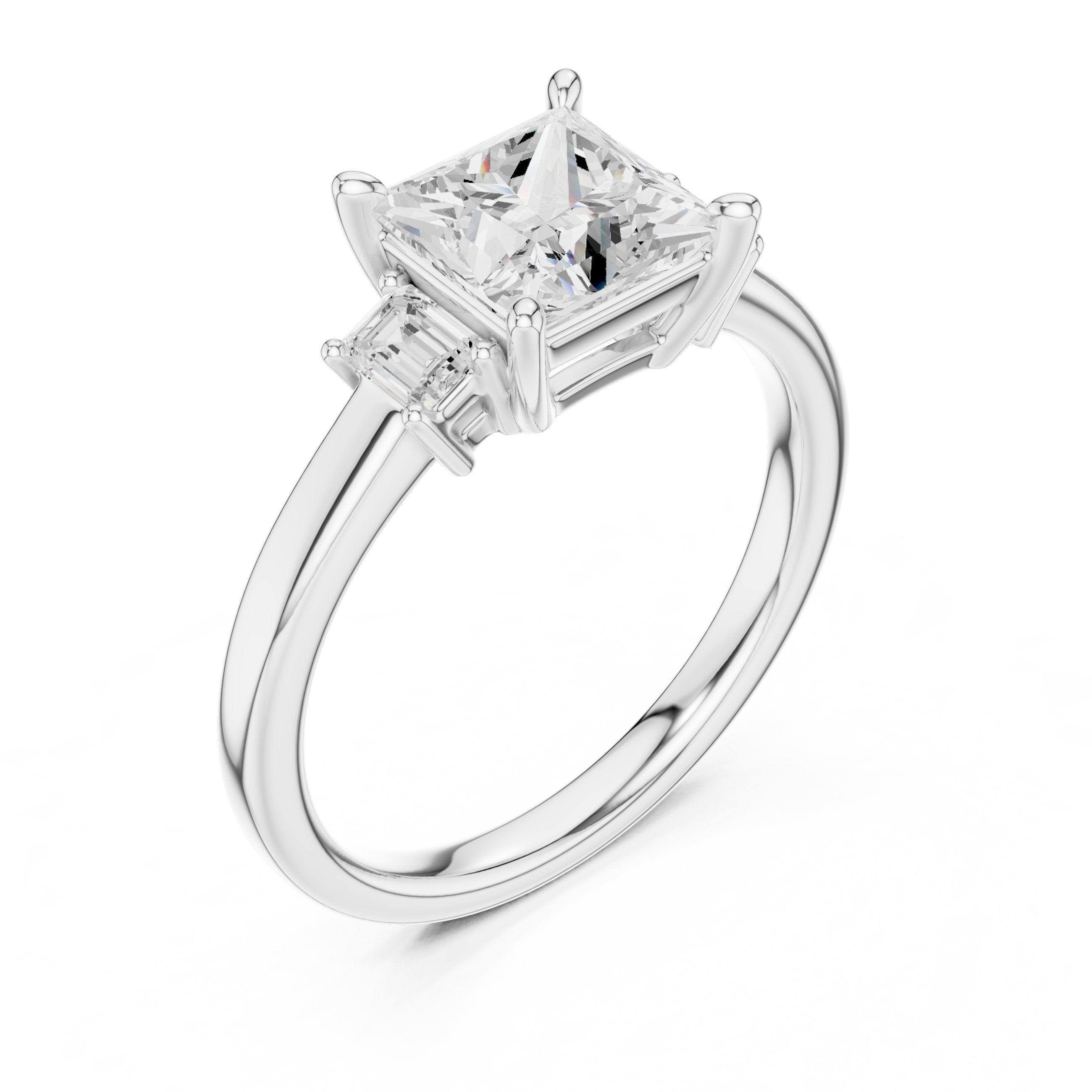 Princess Cut Three Stone Engagement Ring with Tapered Baguette Sides in White Gold - VYKA Diamonds