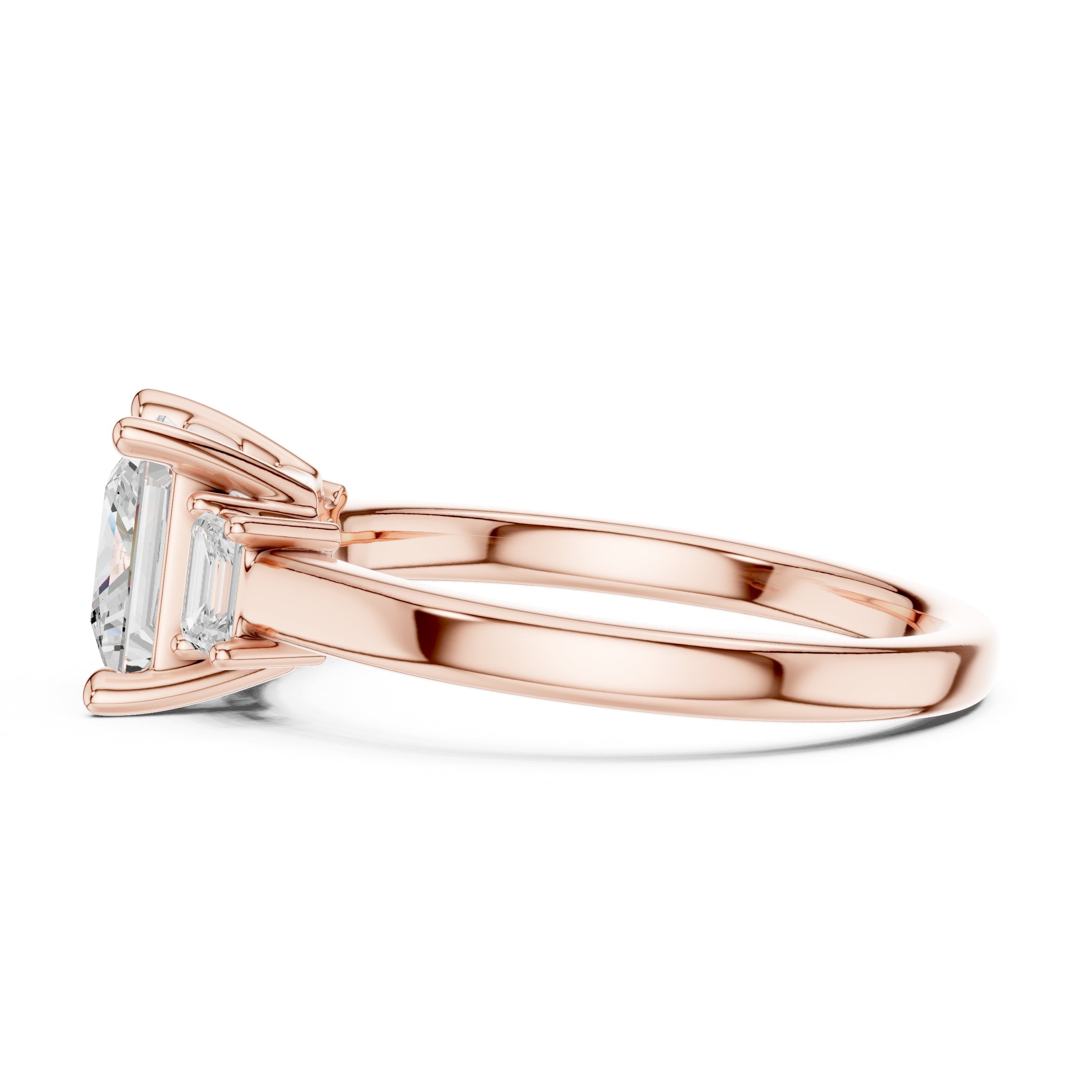 Princess Cut Three Stone Engagement Ring with Tapered Baguette Sides in Rose Gold - VYKA Diamonds