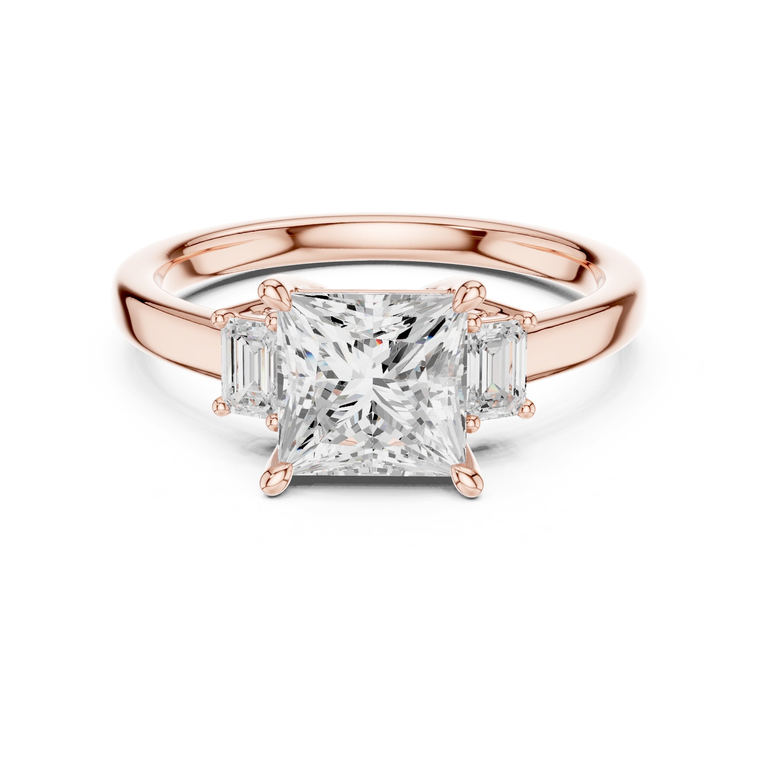 Princess Cut Three Stone Engagement Ring with Tapered Baguette Sides in Rose Gold - VYKA Diamonds
