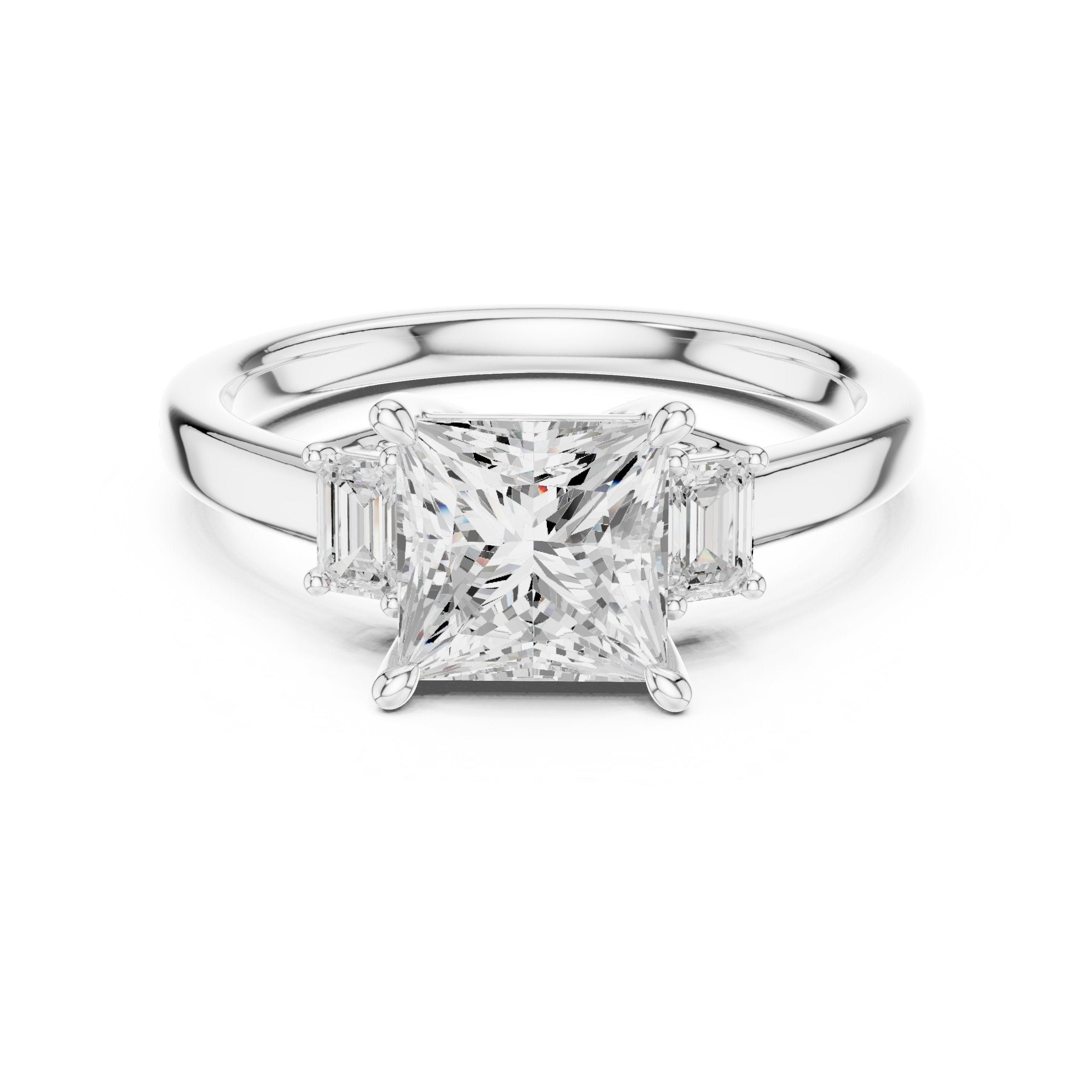 Princess Cut Three Stone Engagement Ring with Tapered Baguette Sides in White Gold - VYKA Diamonds