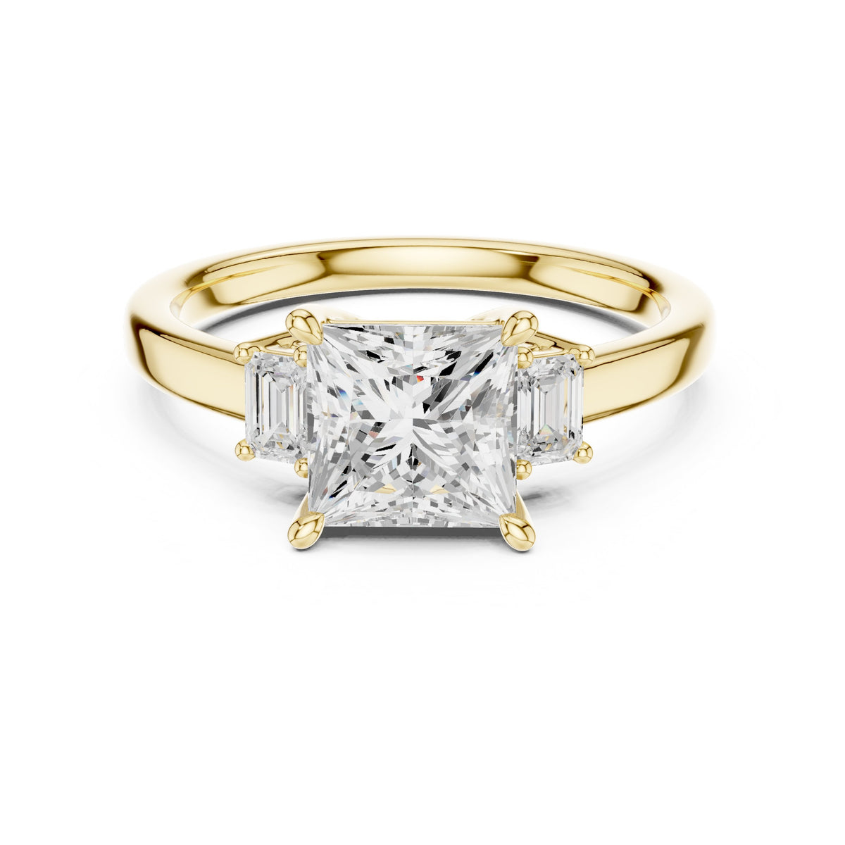 Princess Cut Three Stone Engagement Ring with Tapered Baguette Sides