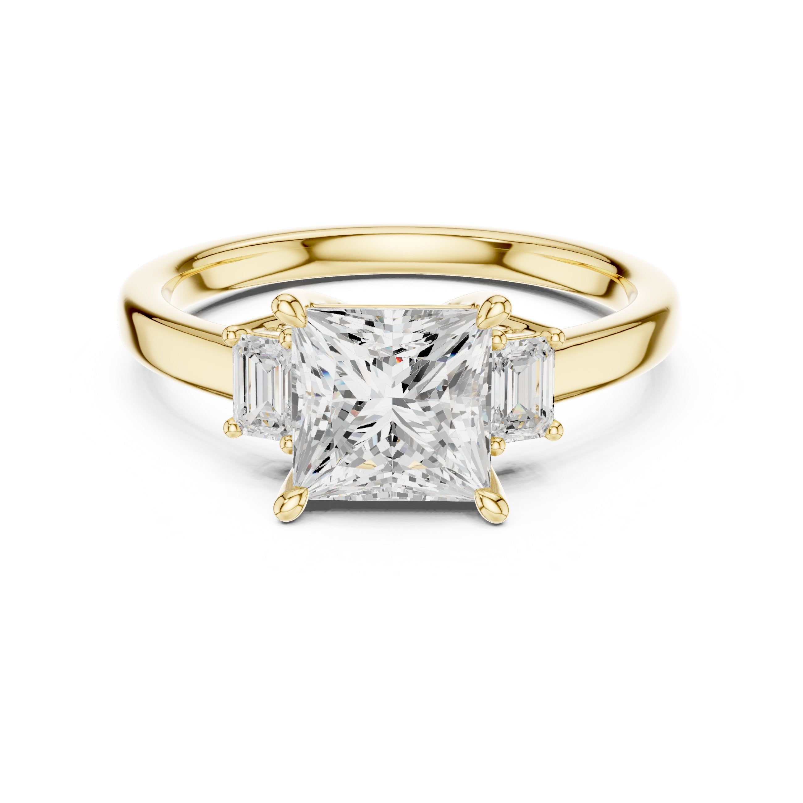 Princess Cut Three Stone Engagement Ring with Tapered Baguette Sides in Yellow Gold - VYKA Diamonds
