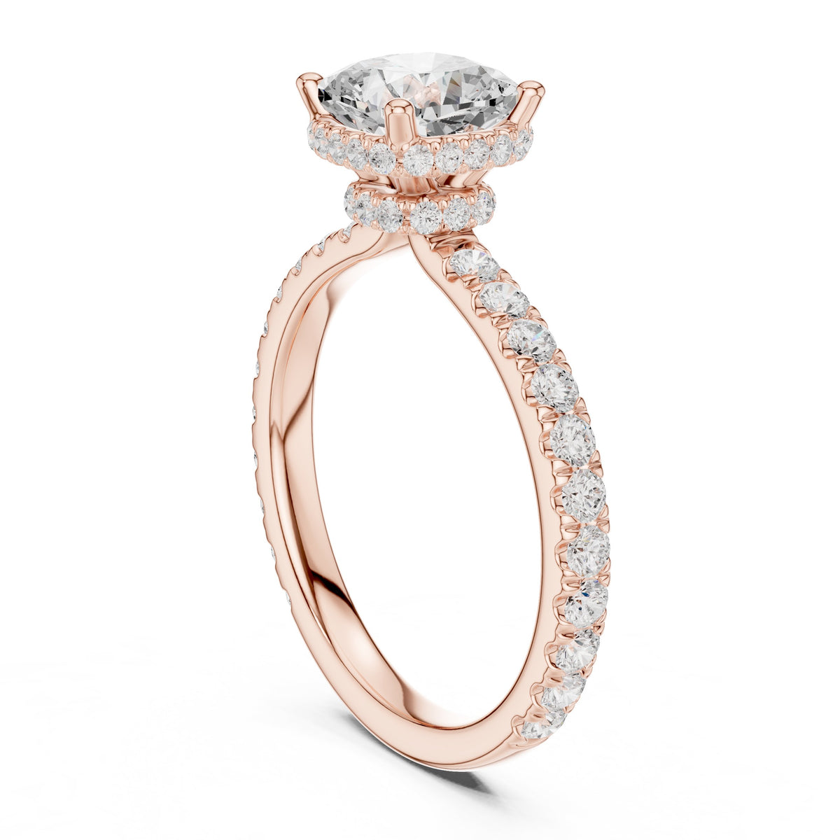 Cushion Cut Hidden Halo Engagement Ring with Cushion Halo and Pavé Band