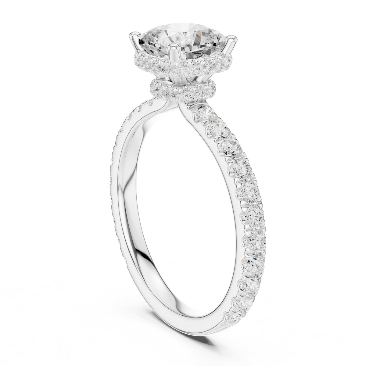 Cushion Cut Hidden Halo Engagement Ring with Cushion Halo and Pavé Band