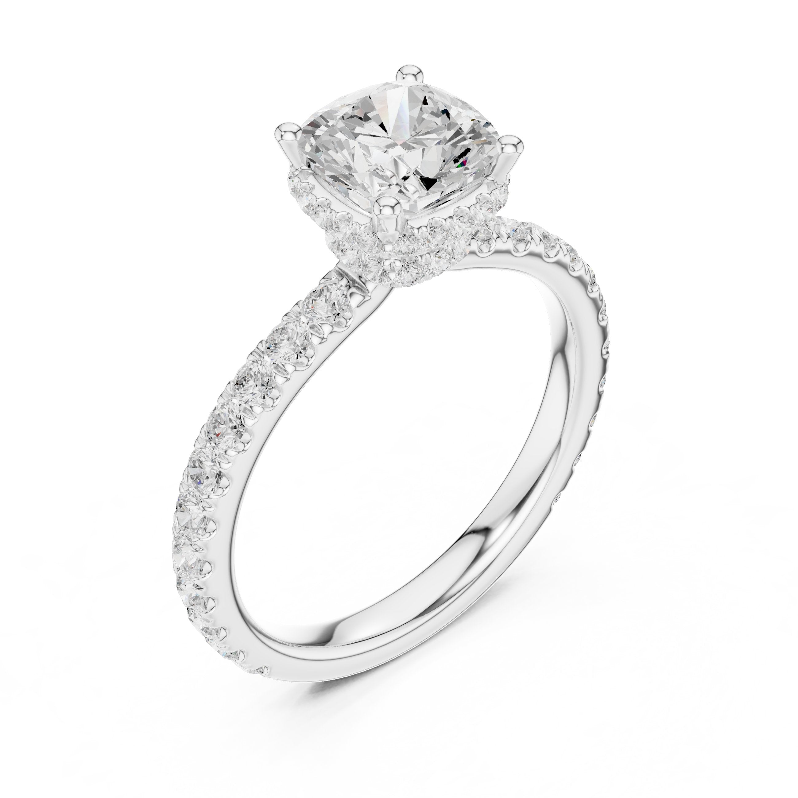 Cushion Cut Hidden Halo Engagement Ring with Cushion Halo and Pavé Band in White Gold - VYKA Diamonds