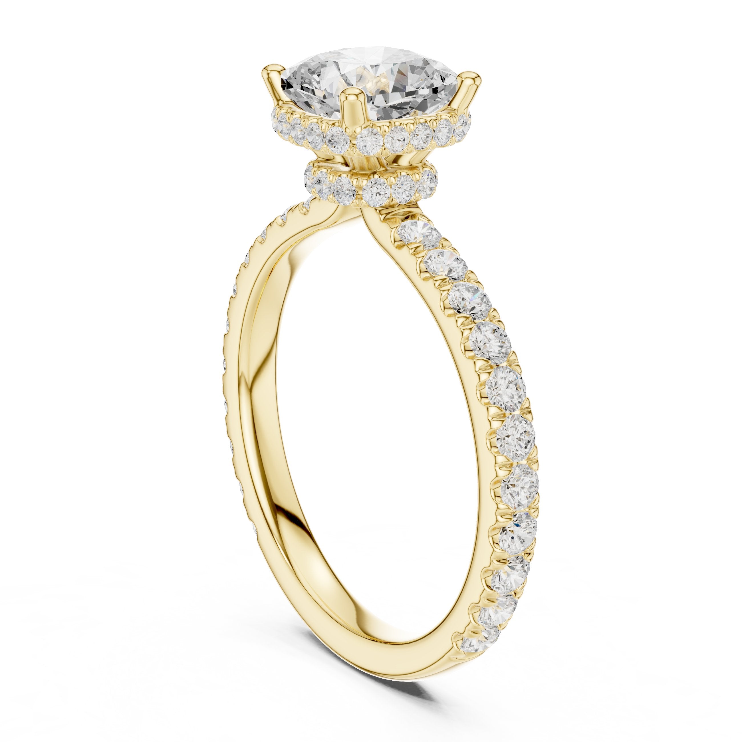 Cushion Cut Hidden Halo Engagement Ring with Cushion Halo and Pavé Band in Yellow Gold - VYKA Diamonds