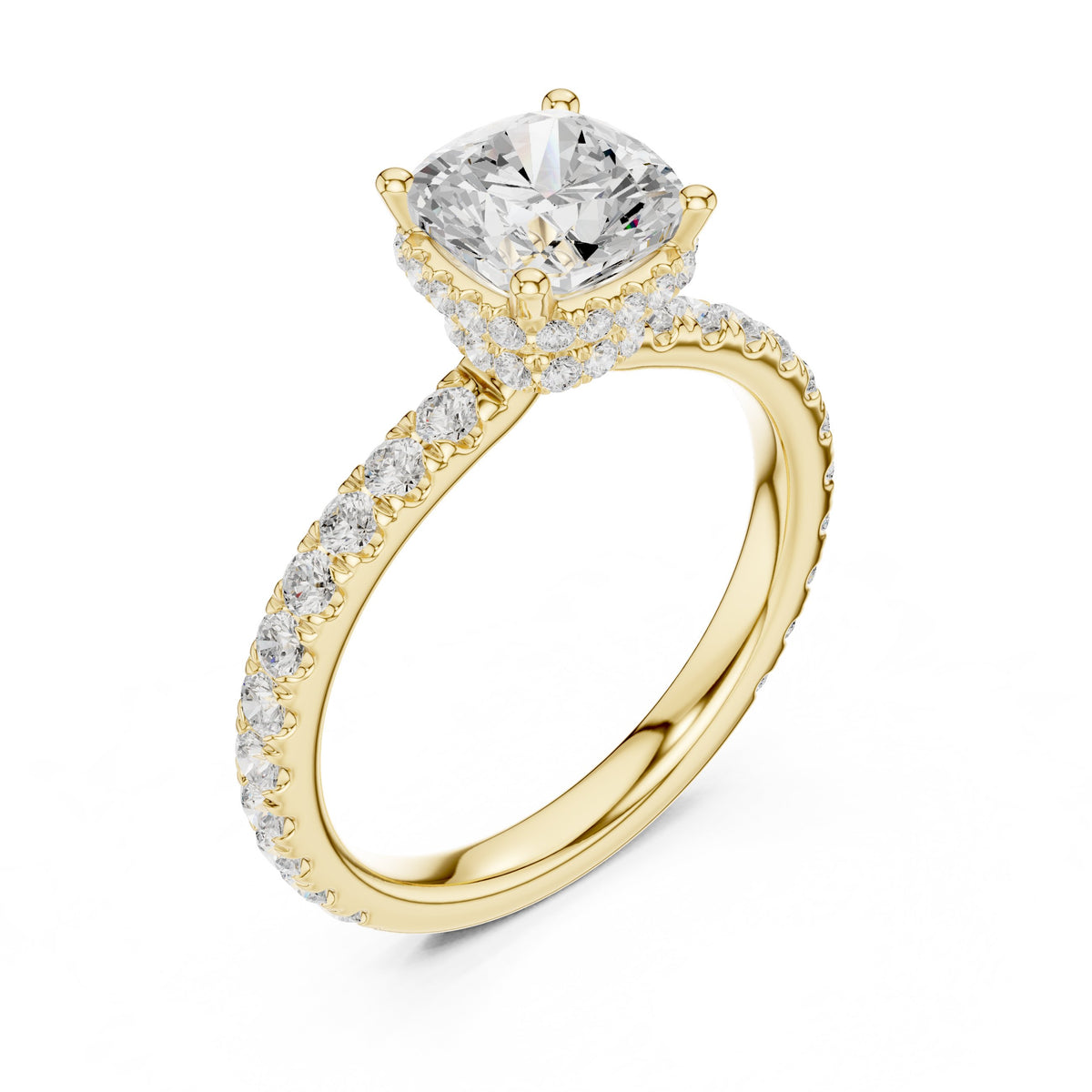 Cushion Cut Hidden Halo Engagement Ring with Cushion Halo and Pavé Band