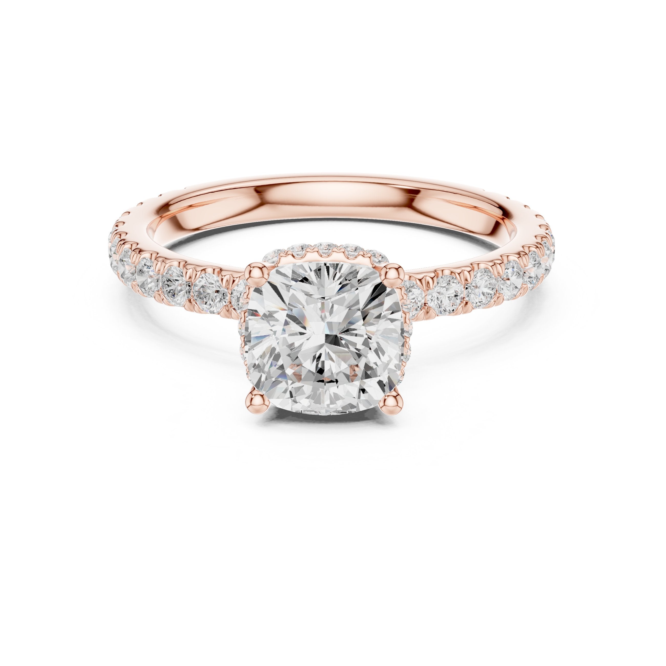 Cushion Cut Hidden Halo Engagement Ring with Cushion Halo and Pavé Band in Rose Gold - VYKA Diamonds