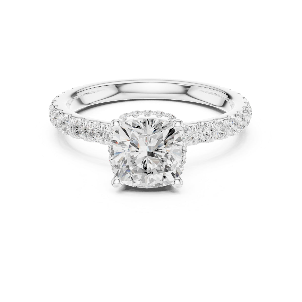 Cushion Cut Hidden Halo Engagement Ring with Cushion Halo and Pavé Band