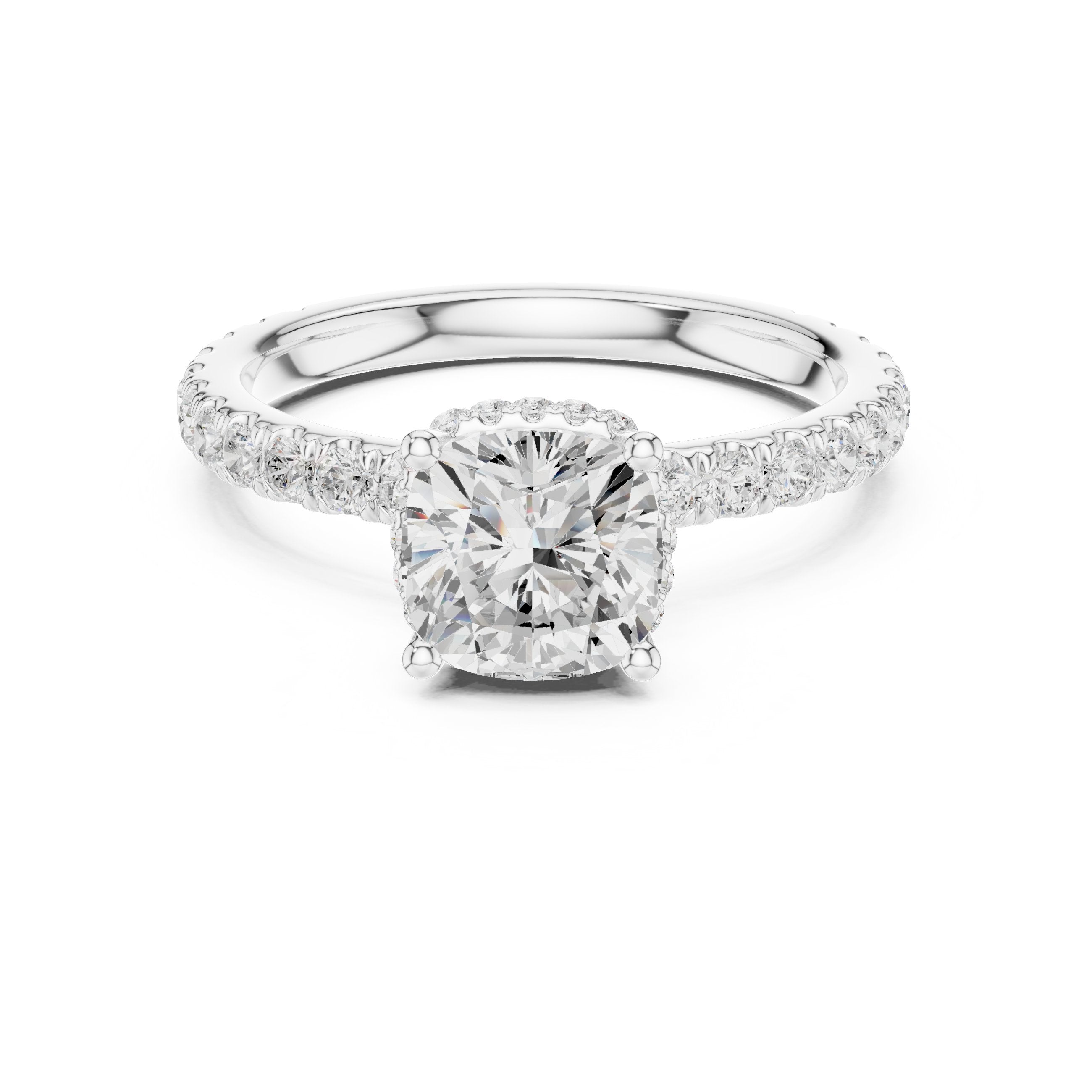 Cushion Cut Hidden Halo Engagement Ring with Cushion Halo and Pavé Band in White Gold - VYKA Diamonds