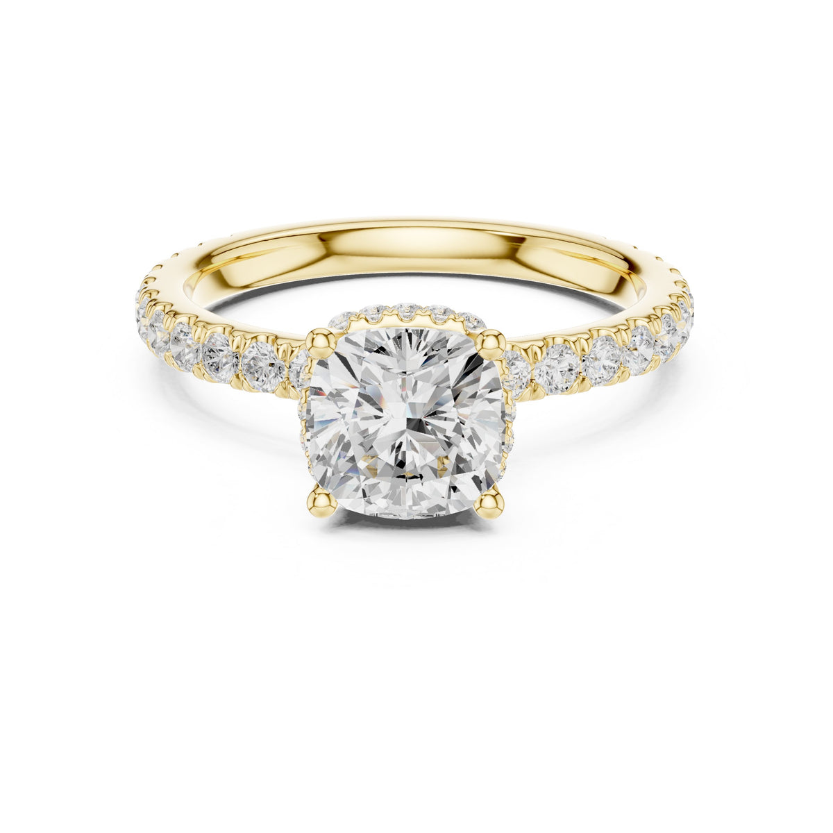 Cushion Cut Hidden Halo Engagement Ring with Cushion Halo and Pavé Band