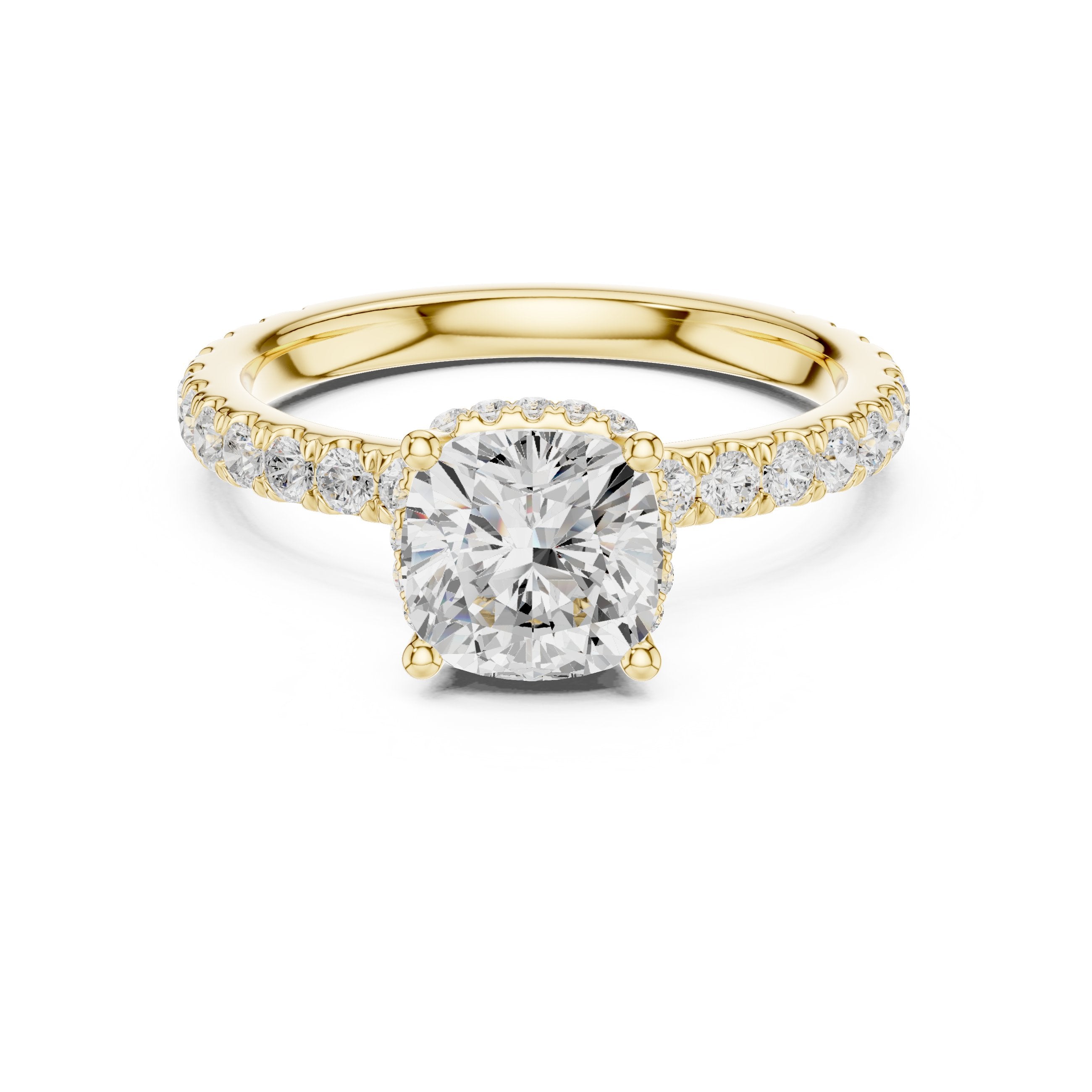 Cushion Cut Hidden Halo Engagement Ring with Cushion Halo and Pavé Band in Yellow Gold - VYKA Diamonds