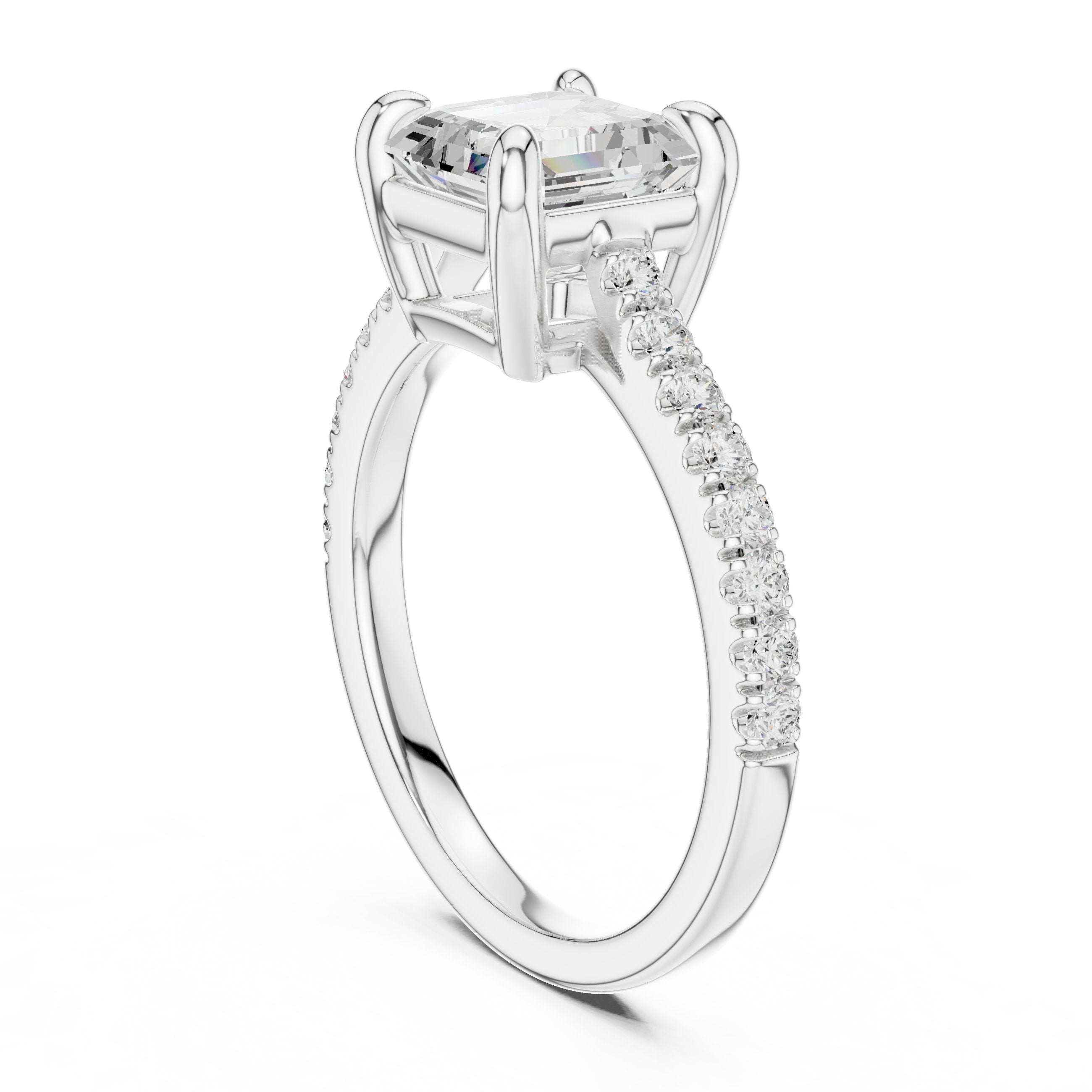 Asscher Cut Engagement Ring with Pavé Band in White Gold - VYKA Diamonds