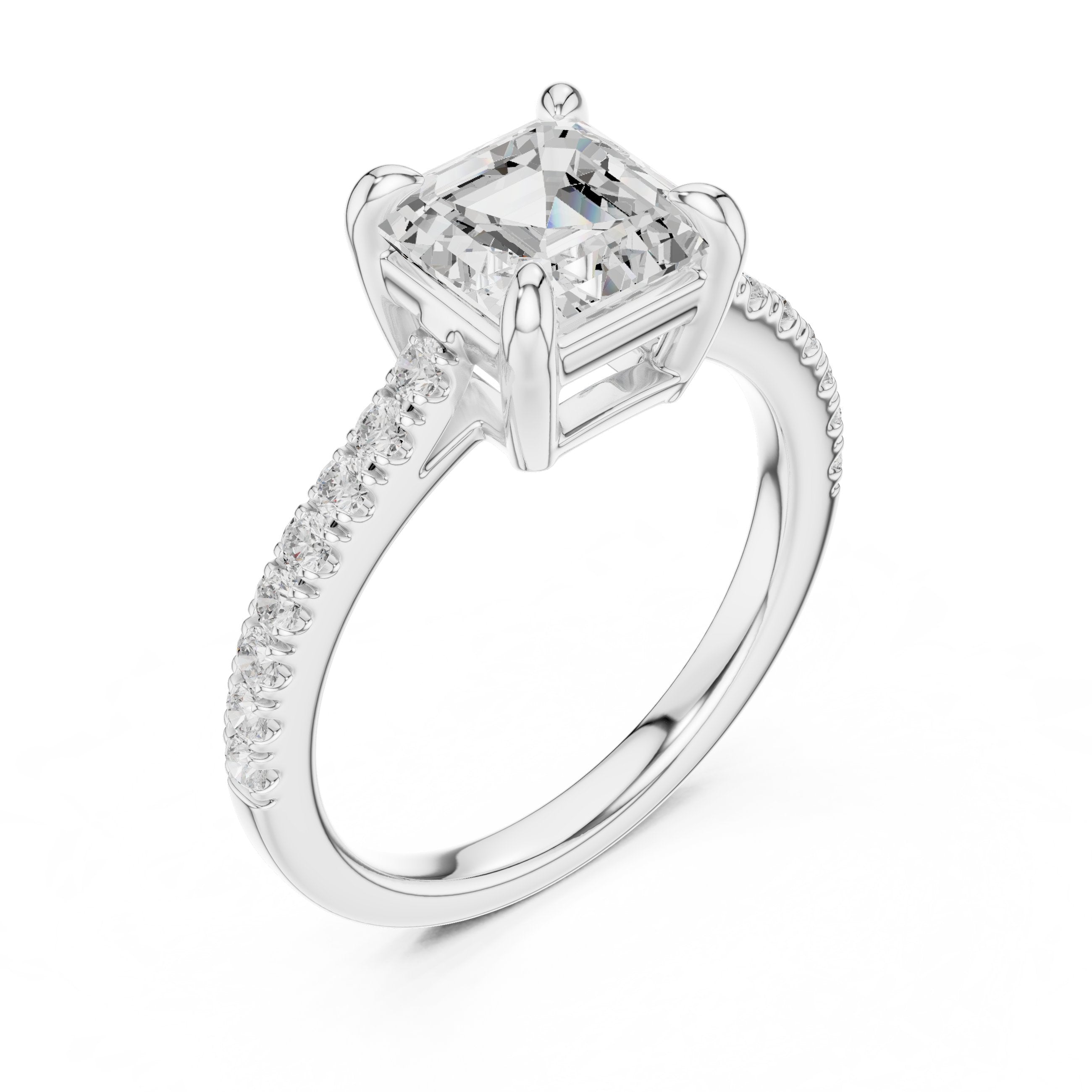 Asscher Cut Engagement Ring with Pavé Band in White Gold - VYKA Diamonds