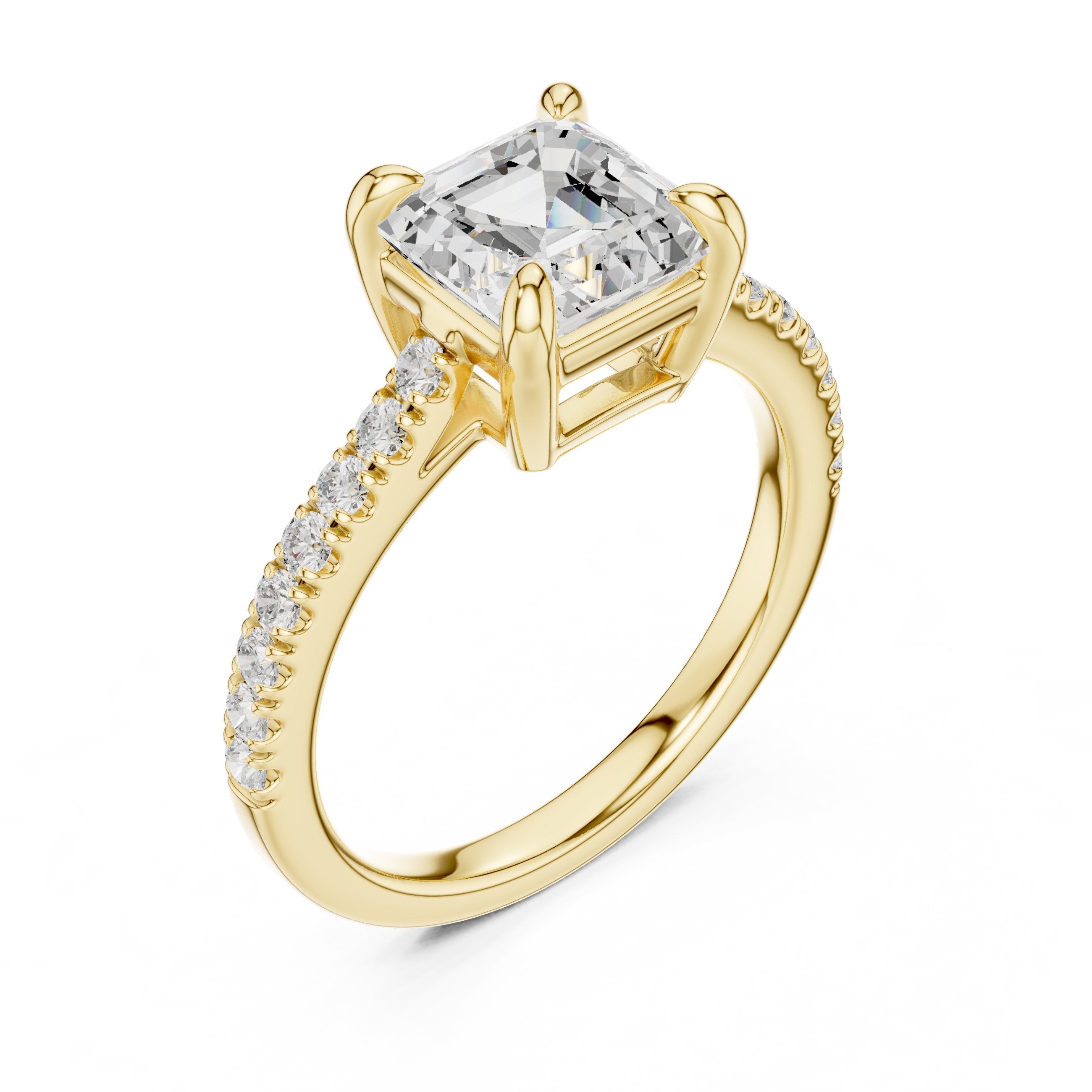 Asscher Cut Engagement Ring with Pavé Band in Yellow Gold - VYKA Diamonds