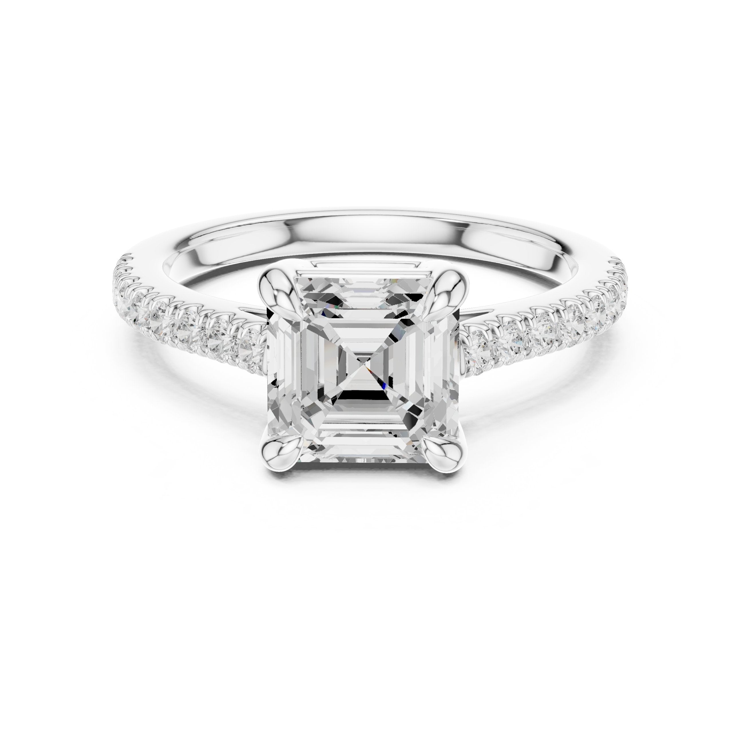 Asscher Cut Engagement Ring with Pavé Band in White Gold - VYKA Diamonds