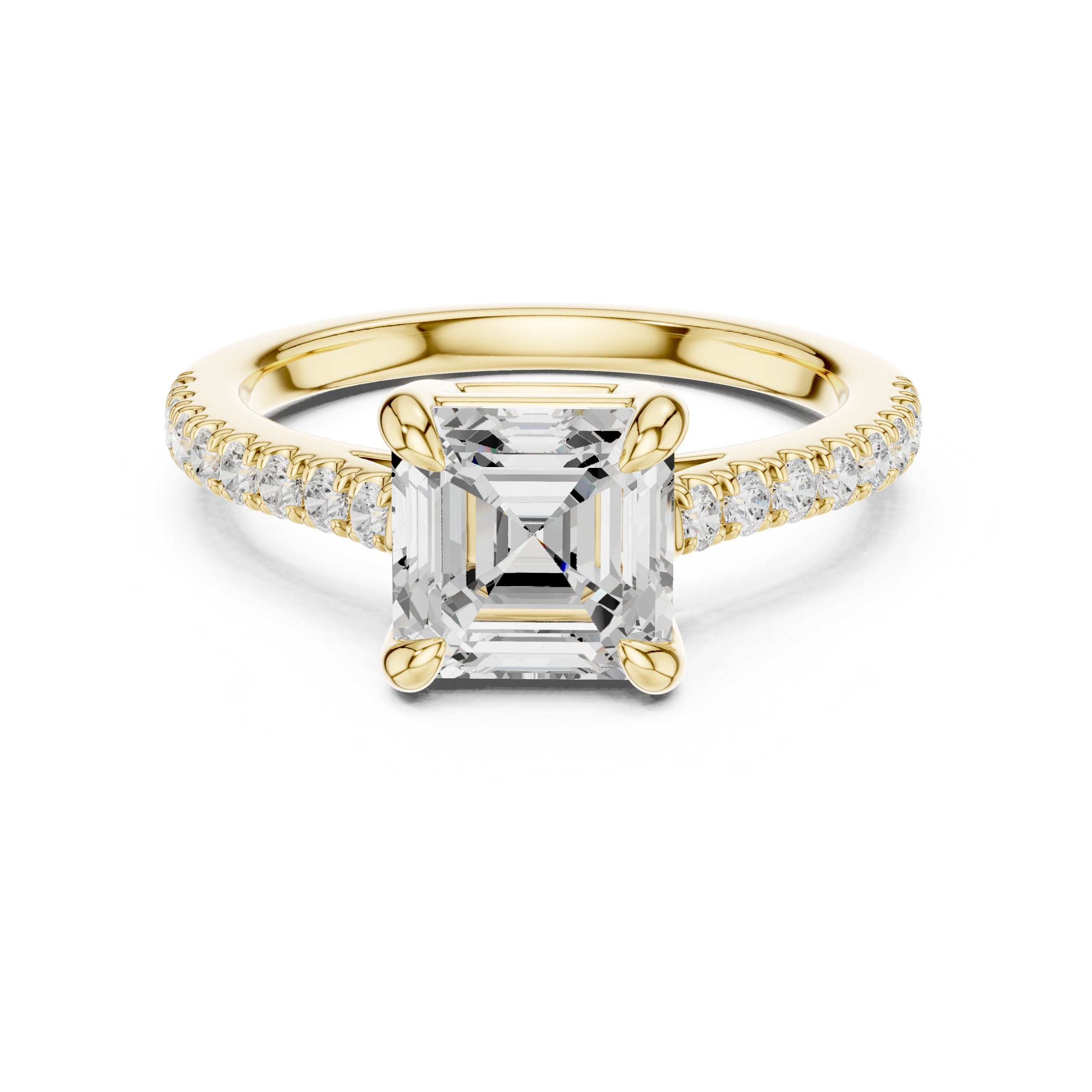 Asscher Cut Engagement Ring with Pavé Band in Yellow Gold - VYKA Diamonds