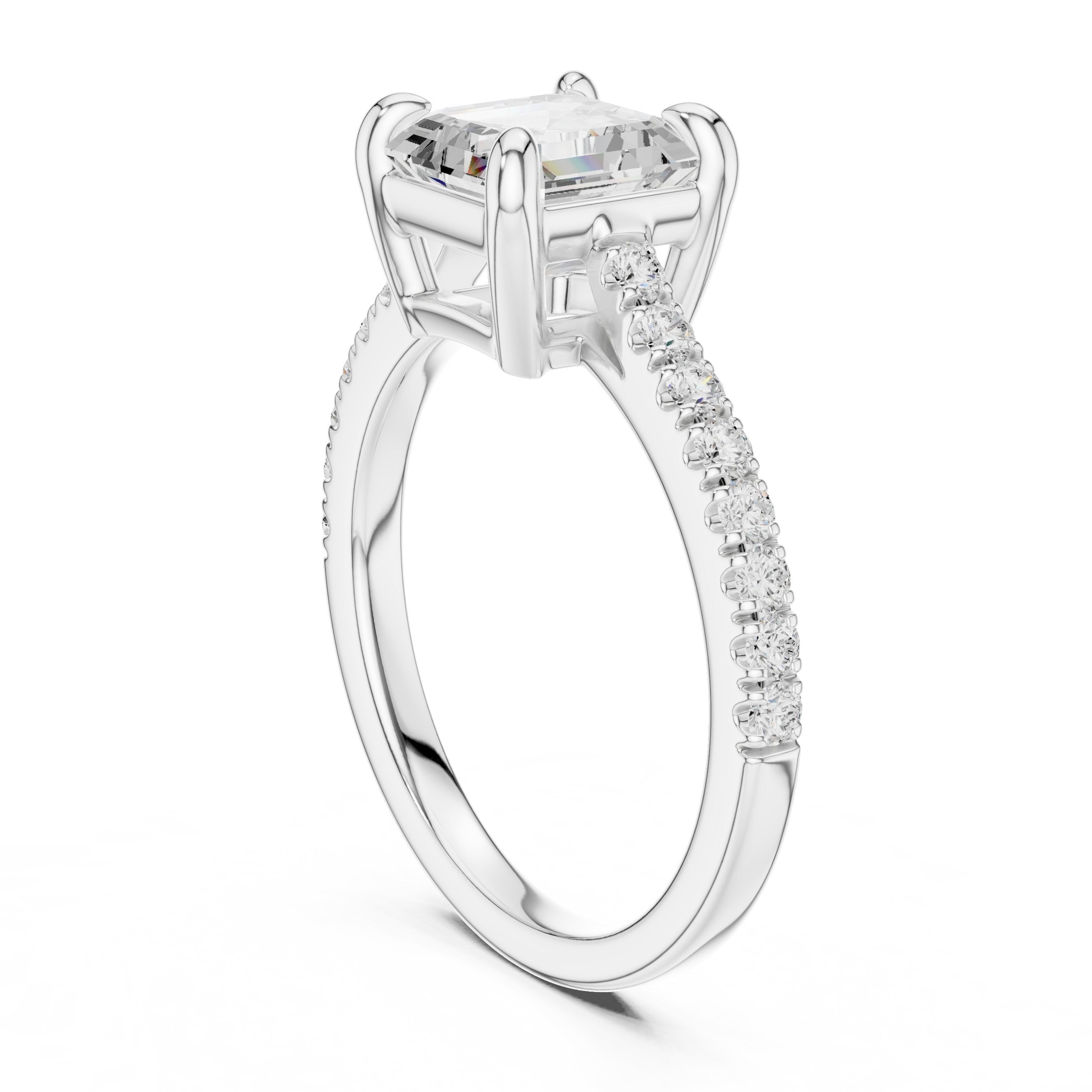 Asscher Cut Engagement Ring with Pavé Band in White Gold - VYKA Diamonds