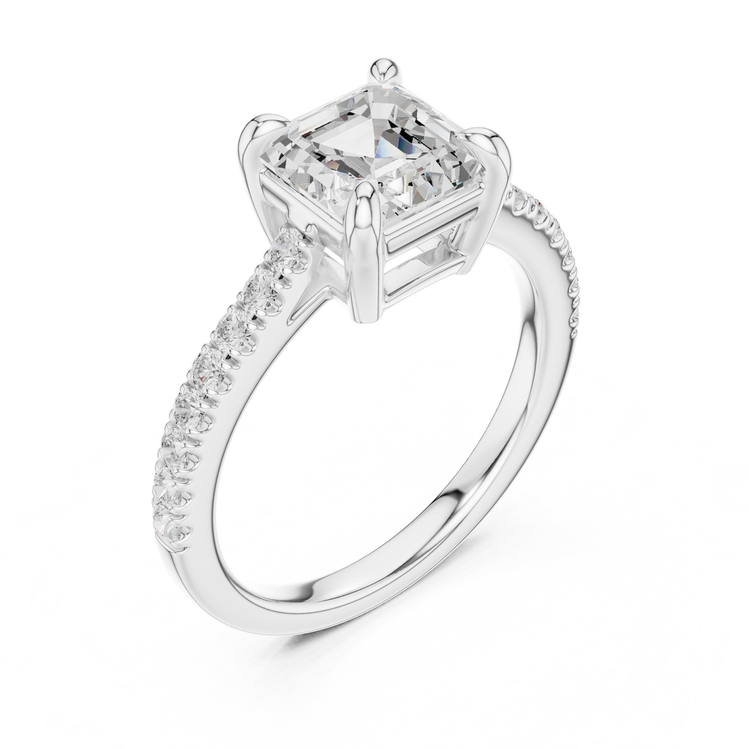 Asscher Cut Engagement Ring with Pavé Band in White Gold - VYKA Diamonds
