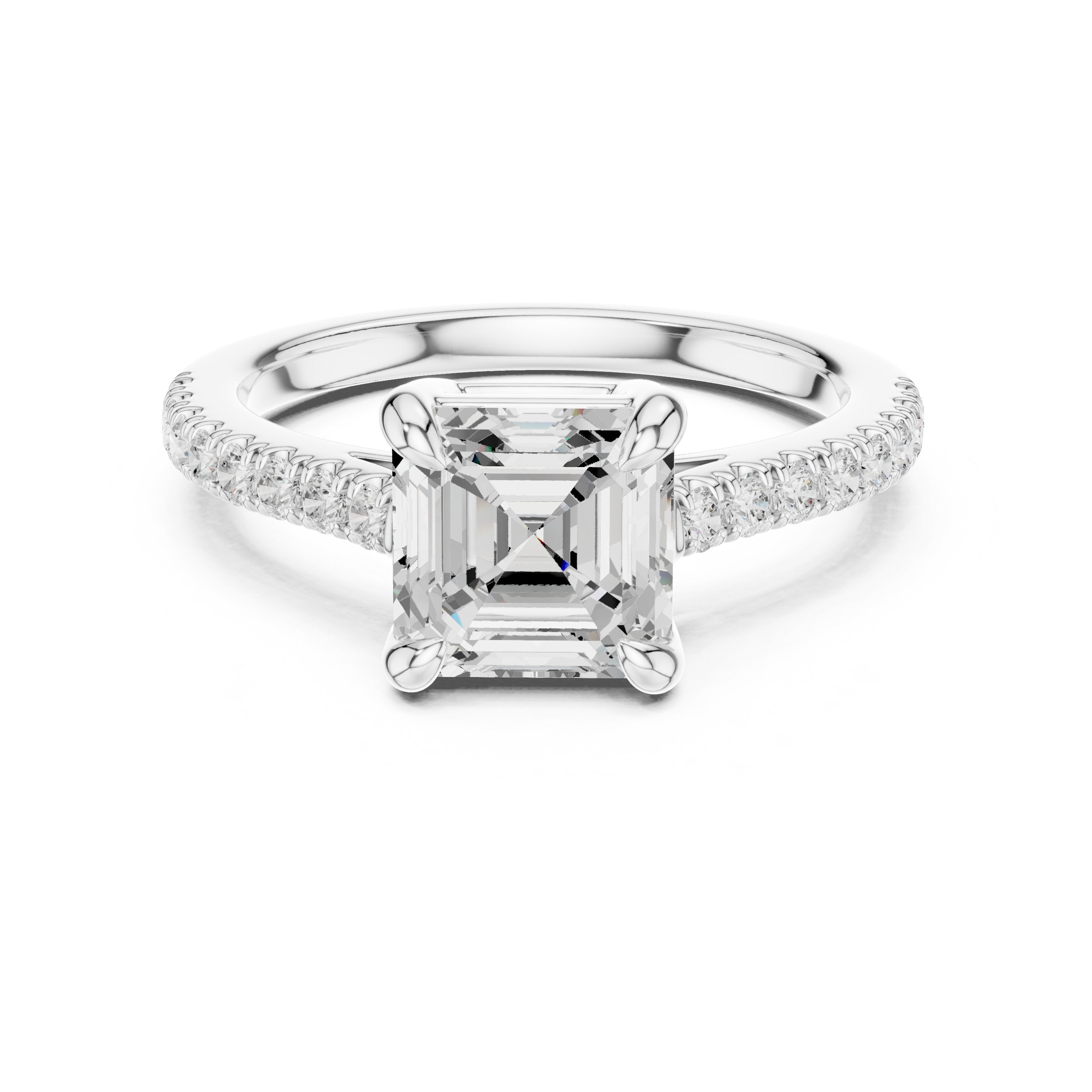 Asscher Cut Engagement Ring with Pavé Band in White Gold - VYKA Diamonds
