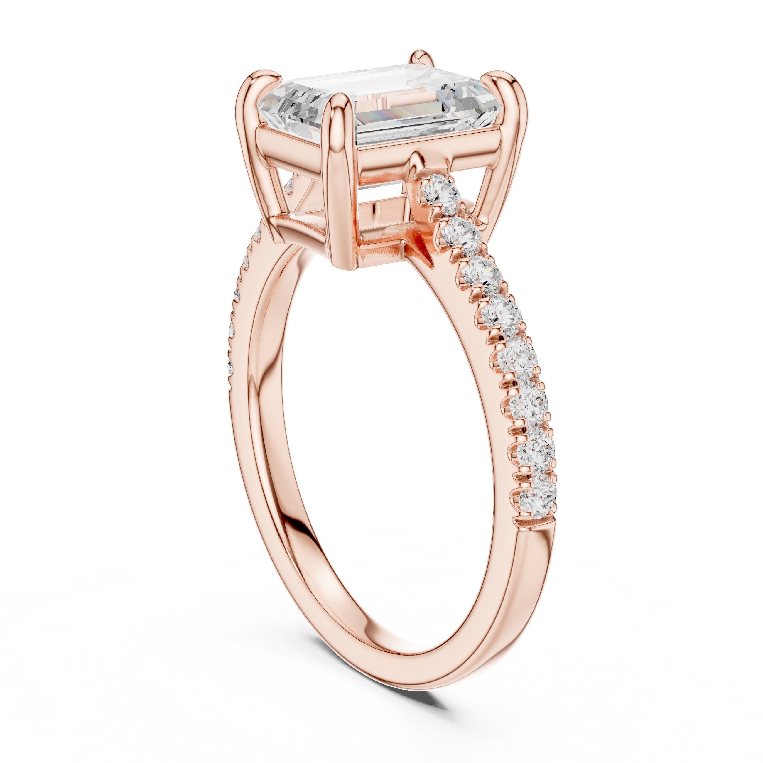 Emerald Cut Engagement Ring with Pavé Chevron Band in Rose Gold - VYKA Diamonds
