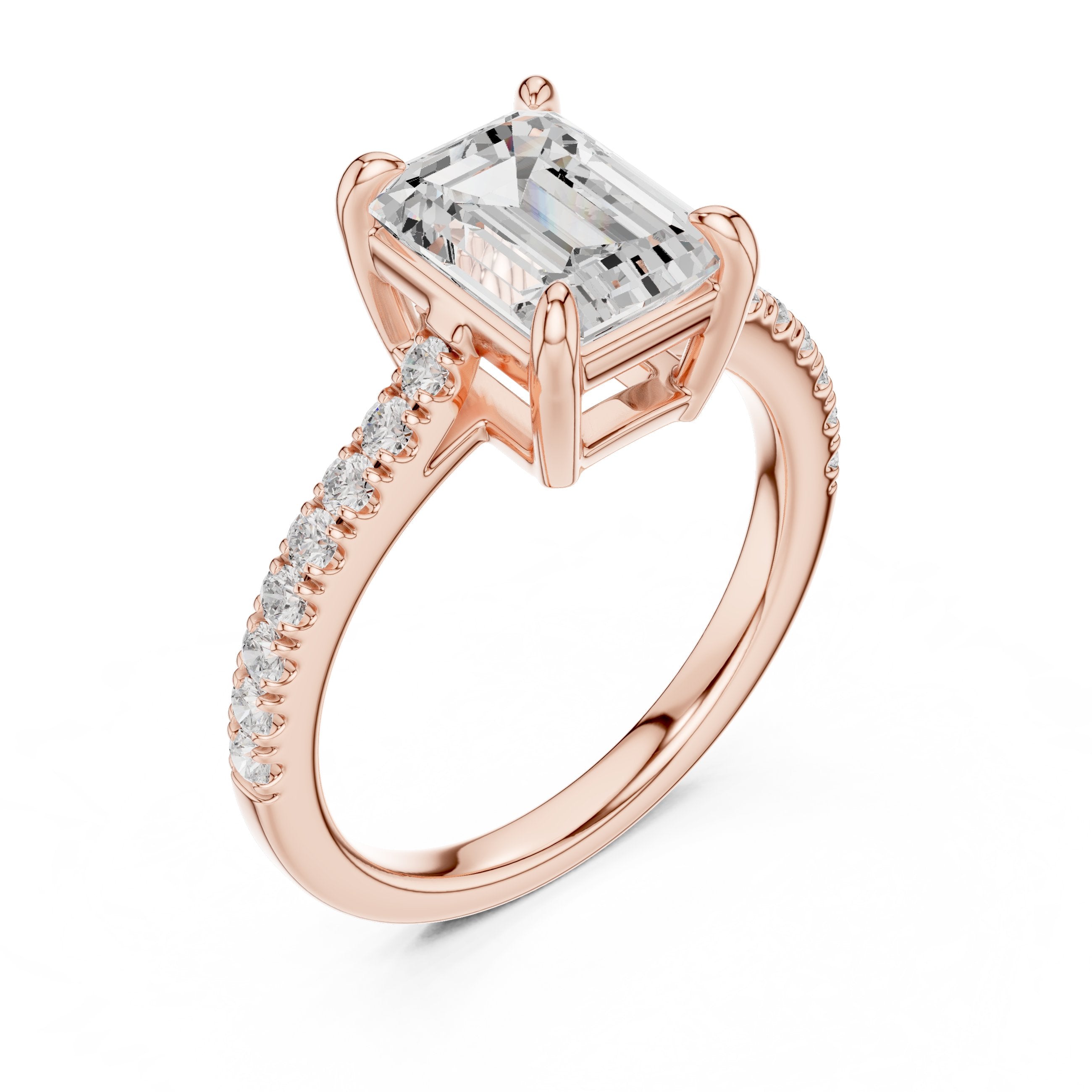 Emerald Cut Engagement Ring with Pavé Chevron Band in Rose Gold - VYKA Diamonds