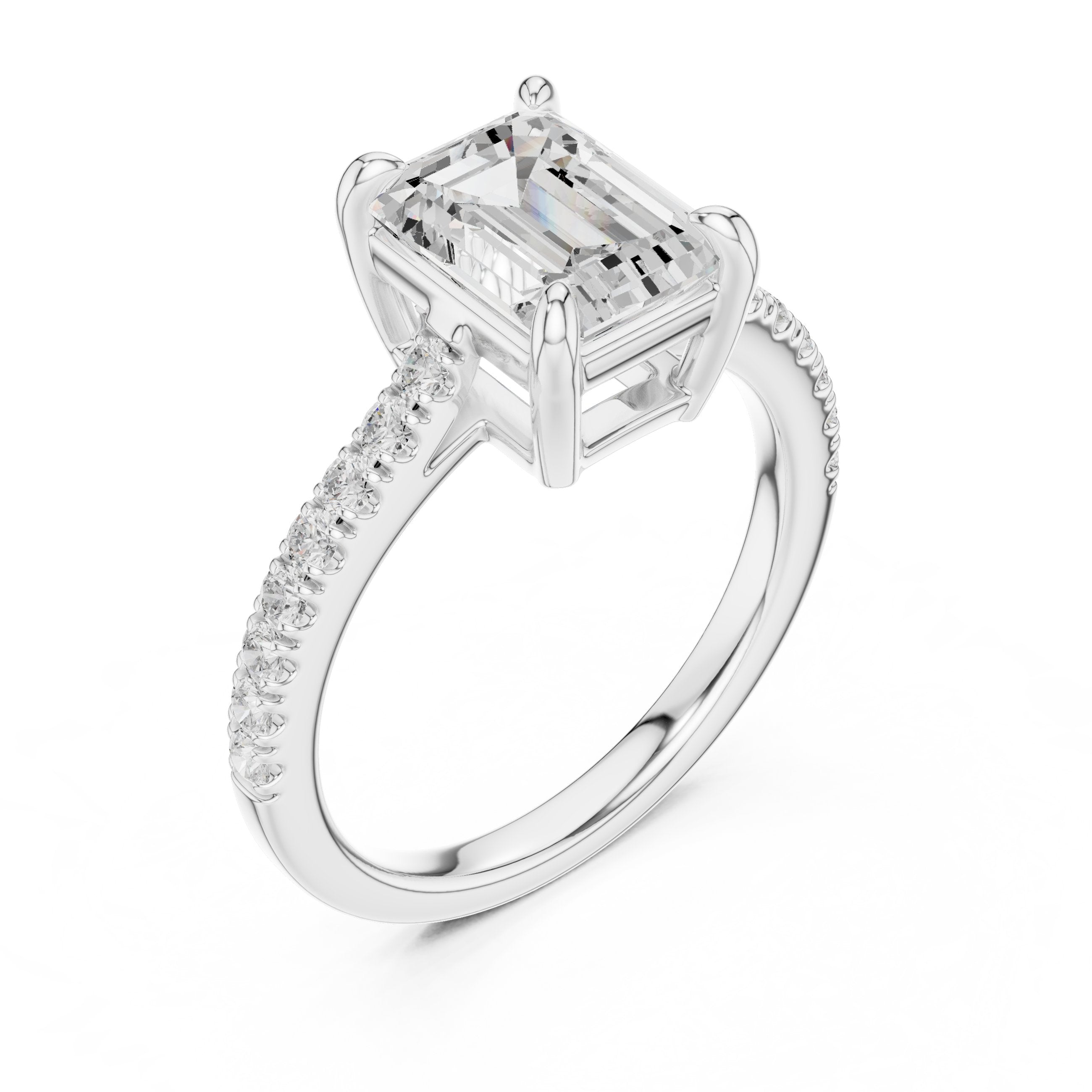 Emerald Cut Engagement Ring with Pavé Chevron Band in White Gold - VYKA Diamonds