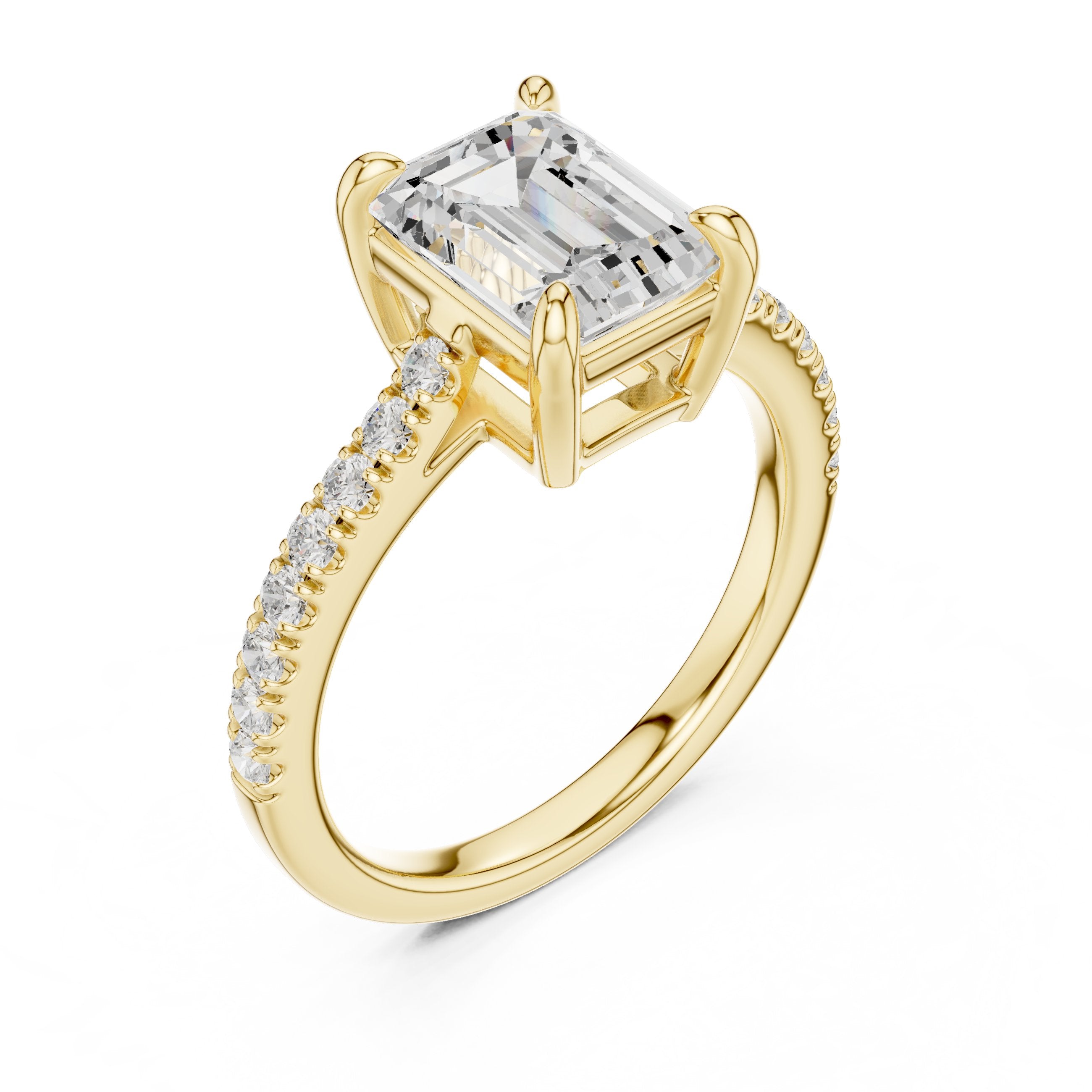 Emerald Cut Engagement Ring with Pavé Chevron Band in Yellow Gold - VYKA Diamonds