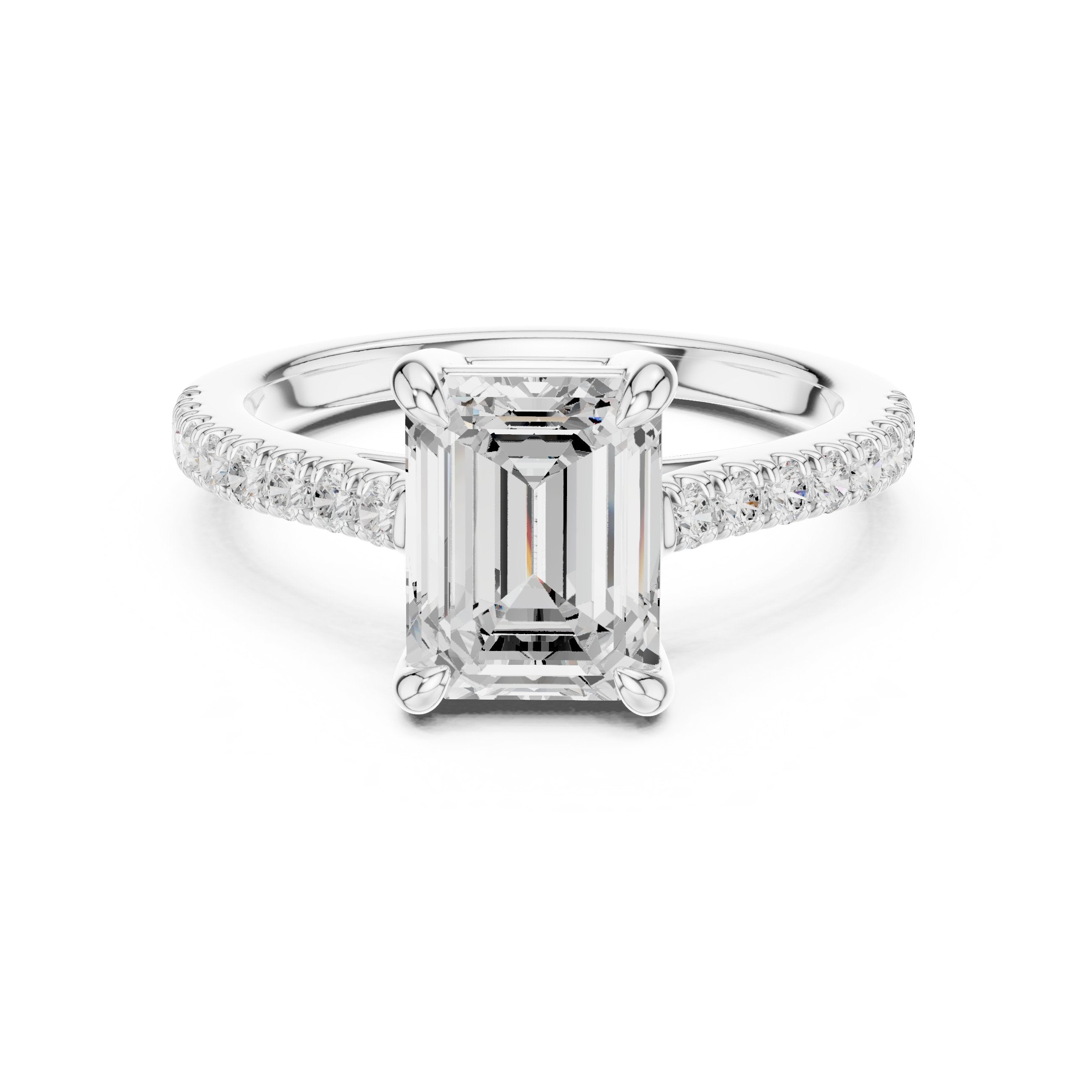Emerald Cut Engagement Ring with Pavé Chevron Band in White Gold - VYKA Diamonds