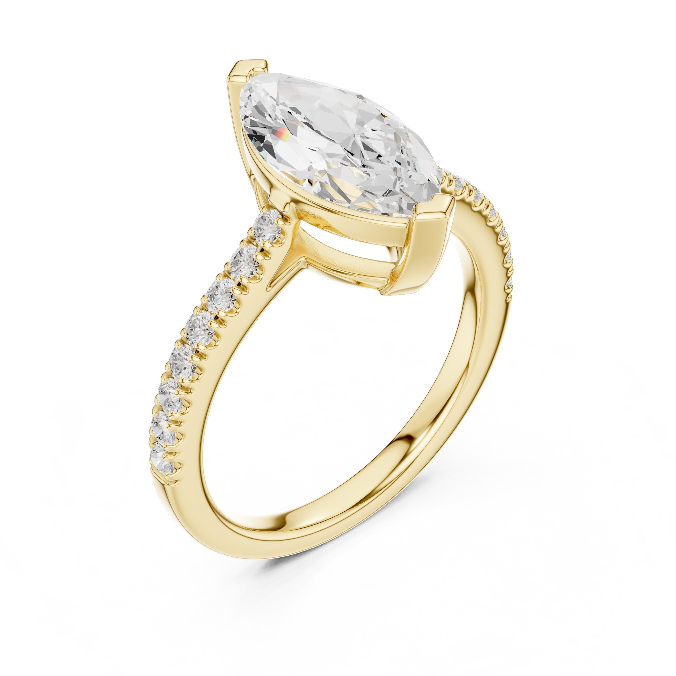 Marquise Cut Engagement Ring with Pavé Band in Yellow Gold - VYKA Diamonds