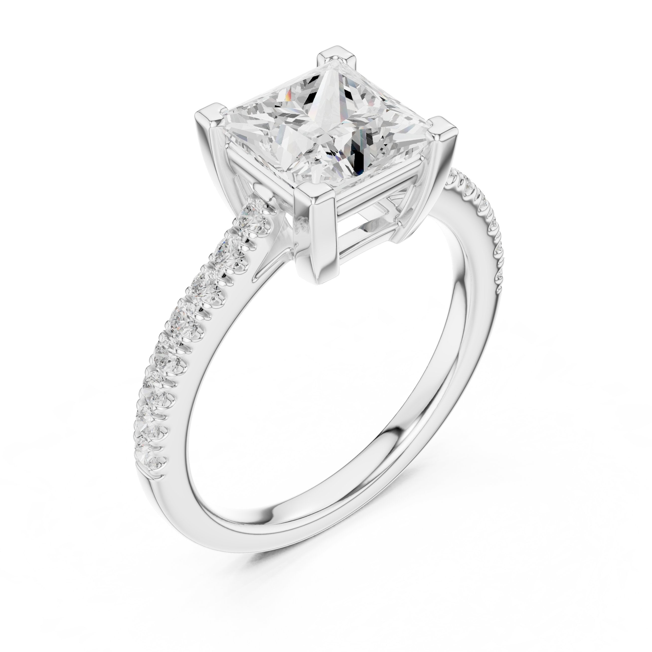 Princess Cut Engagement Ring with Pavé Band in White Gold - VYKA Diamonds
