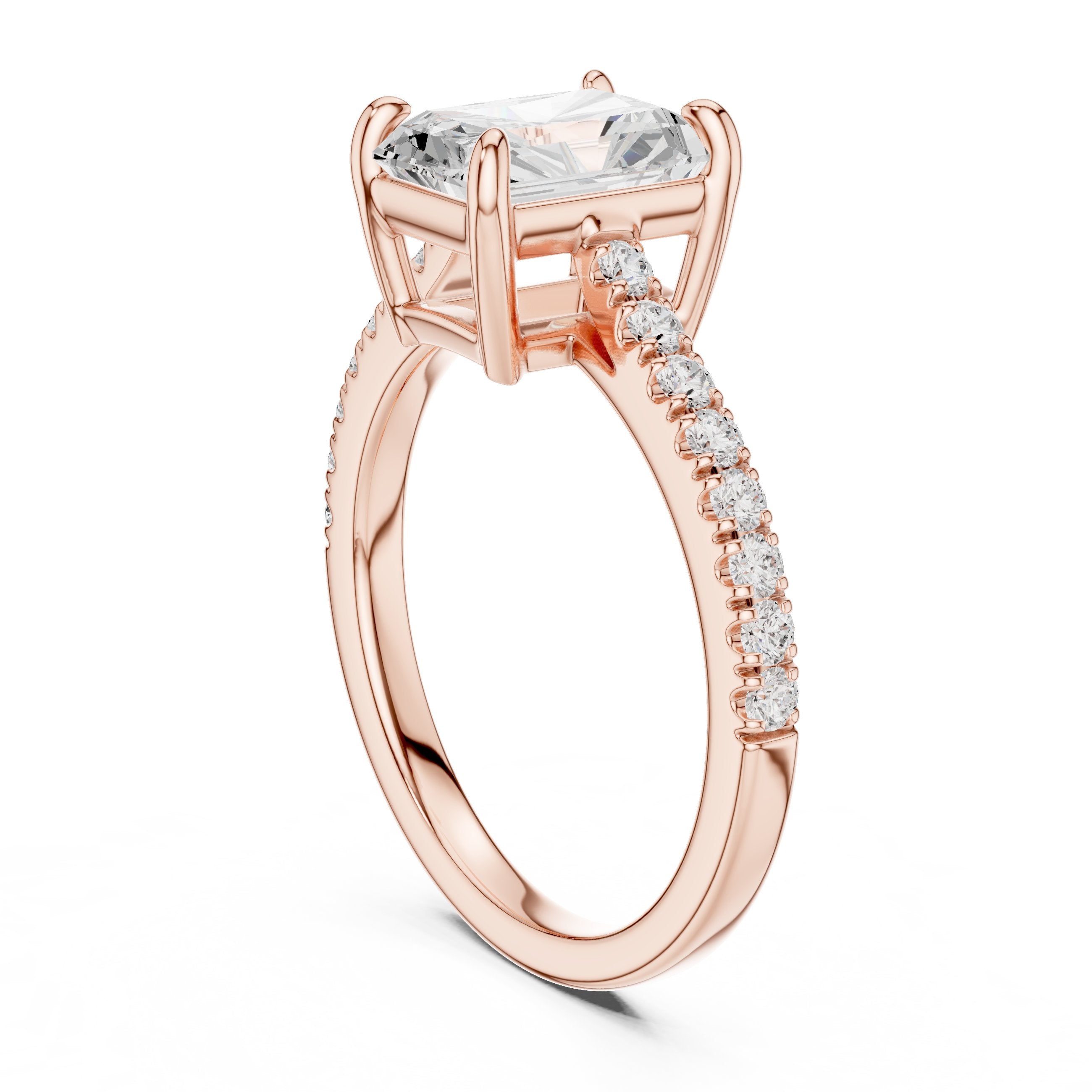 Radiant Cut Three Stone Engagement Ring with Tapered Baguette Sides and Pavé Band in Rose Gold - VYKA Diamonds
