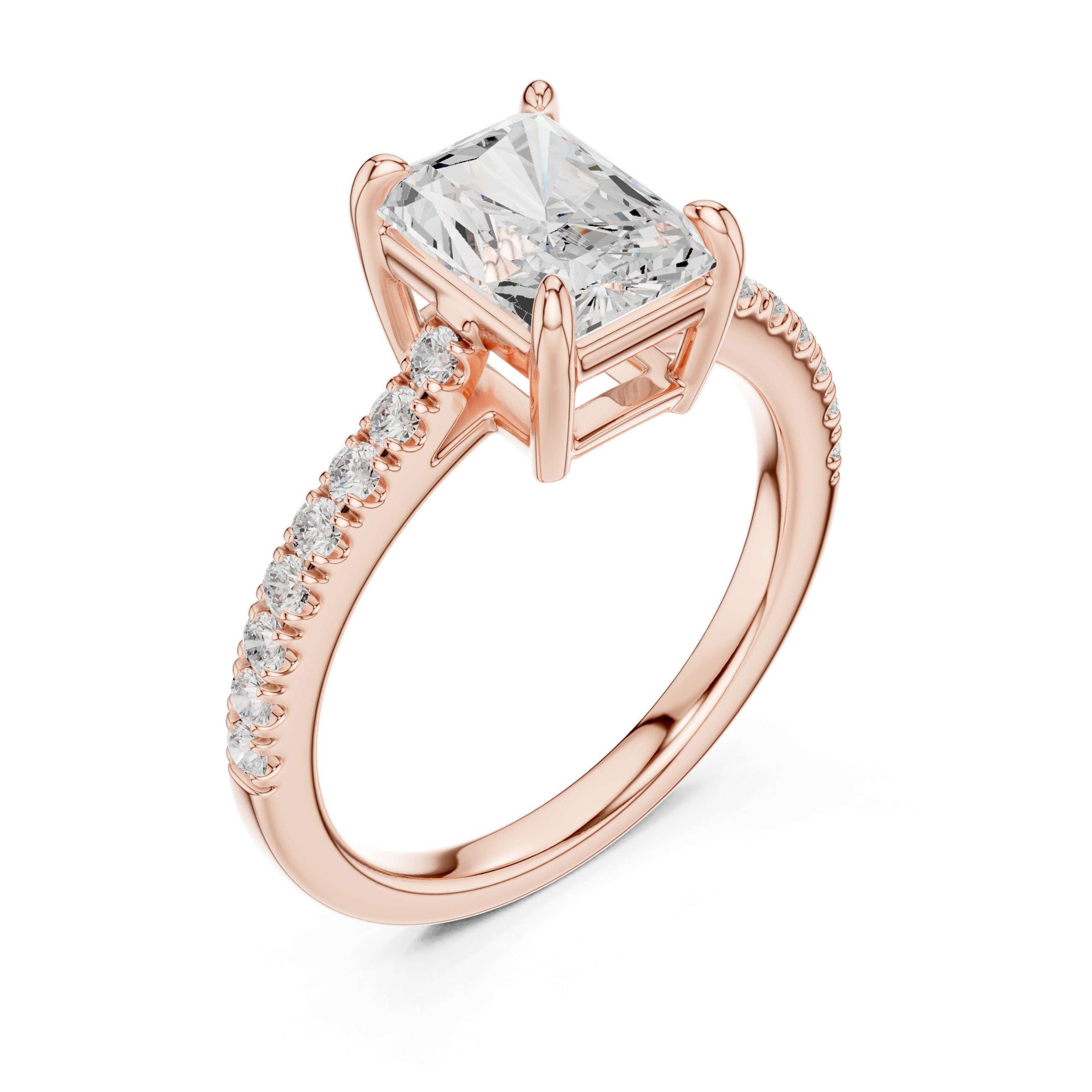 Radiant Cut Three Stone Engagement Ring with Tapered Baguette Sides and Pavé Band in Rose Gold - VYKA Diamonds