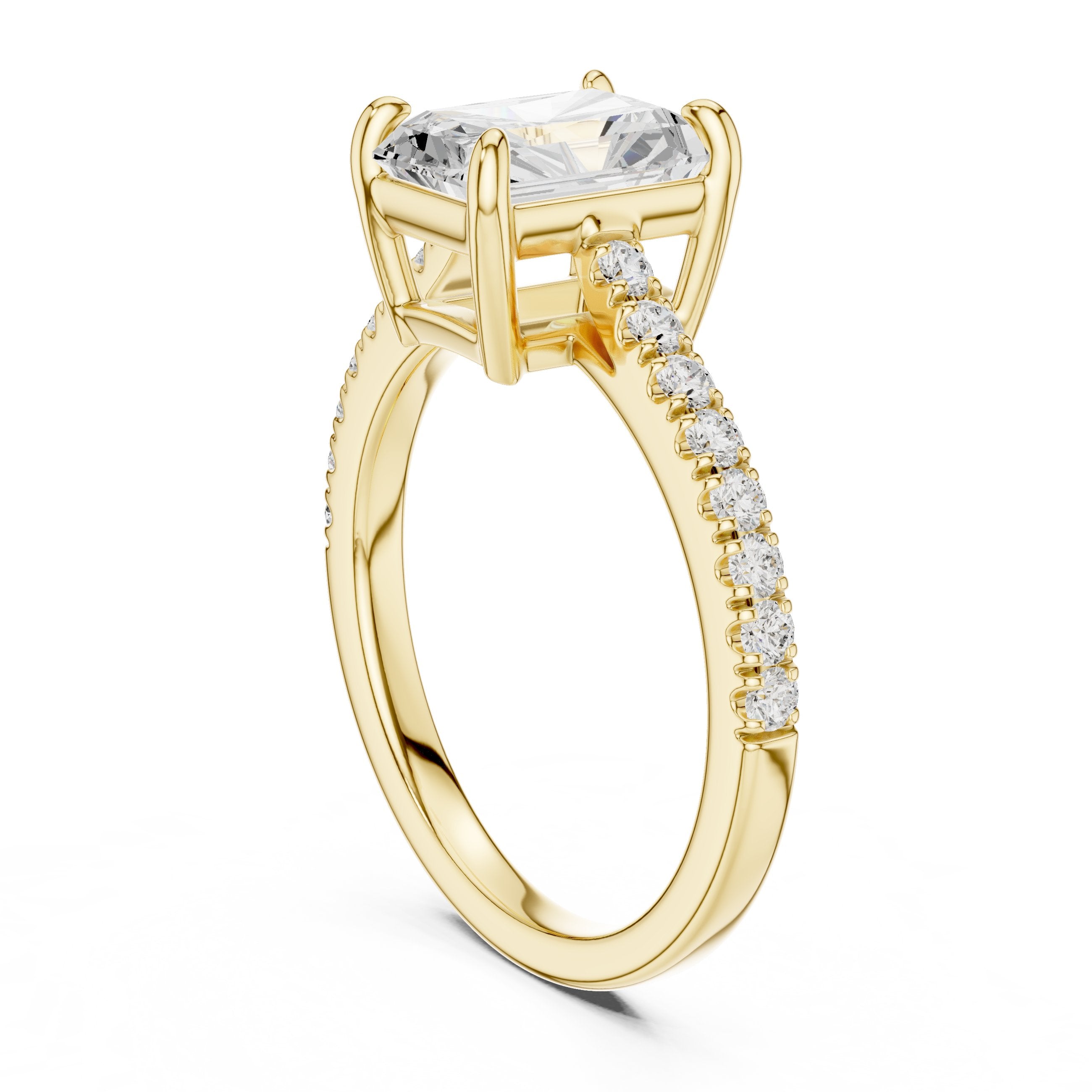 Radiant Cut Three Stone Engagement Ring with Tapered Baguette Sides and Pavé Band in Yellow Gold - VYKA Diamonds