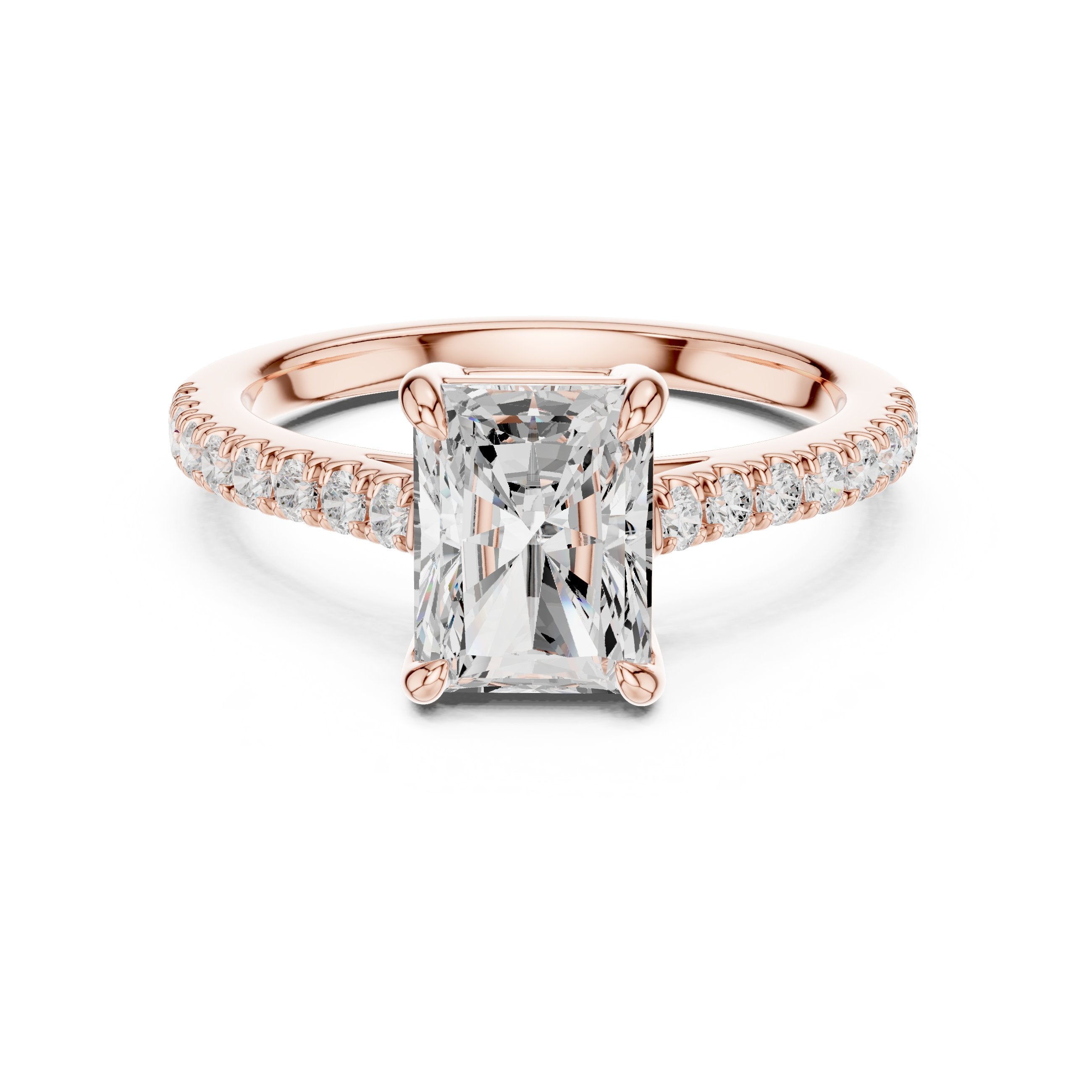 Radiant Cut Three Stone Engagement Ring with Tapered Baguette Sides and Pavé Band in Rose Gold - VYKA Diamonds