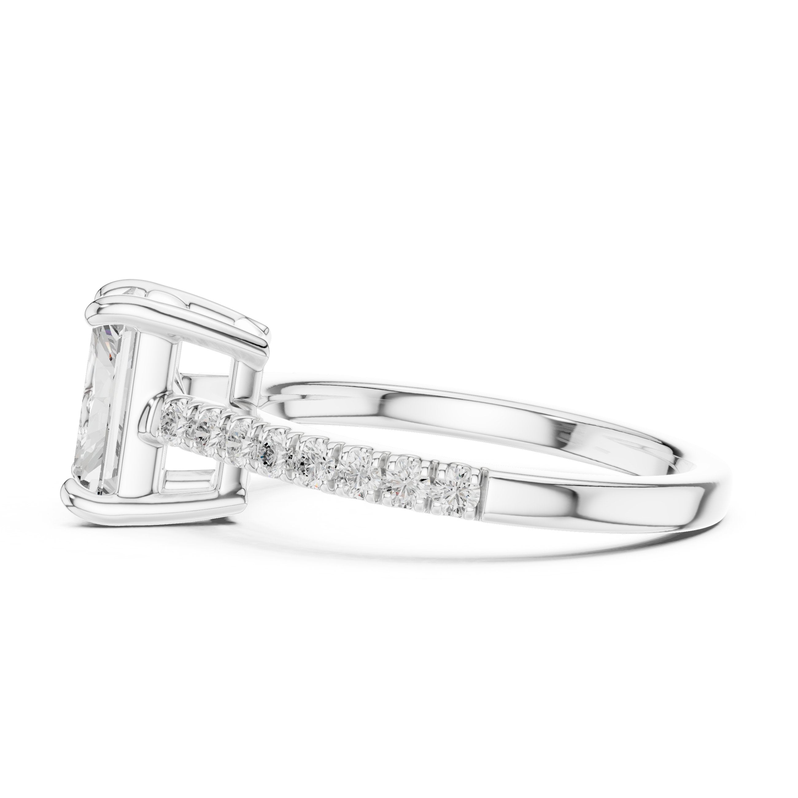 Radiant Cut Three Stone Engagement Ring with Tapered Baguette Sides and Pavé Band in White Gold - VYKA Diamonds