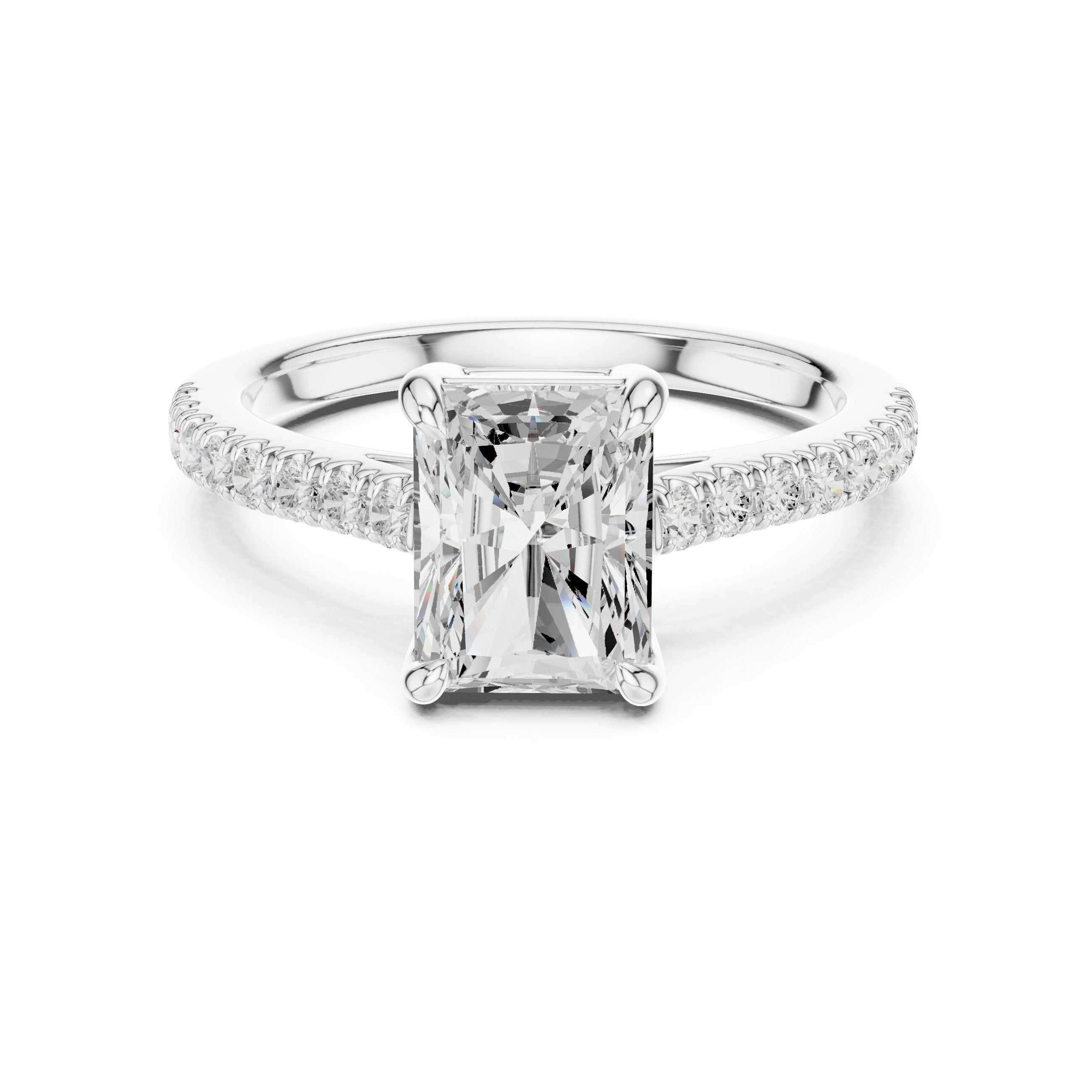 Radiant Cut Three Stone Engagement Ring with Tapered Baguette Sides and Pavé Band in White Gold - VYKA Diamonds