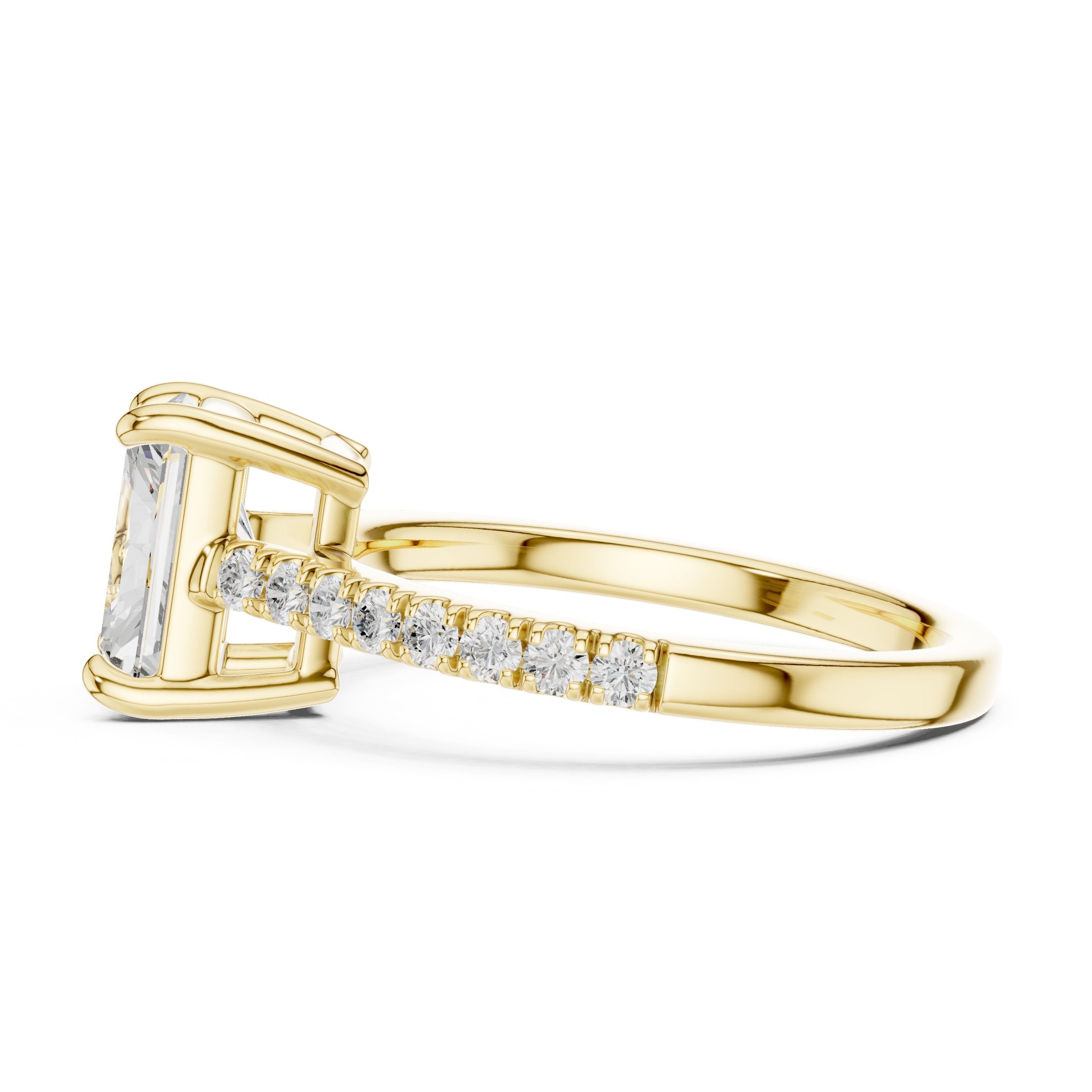 Radiant Cut Three Stone Engagement Ring with Tapered Baguette Sides and Pavé Band in Yellow Gold - VYKA Diamonds