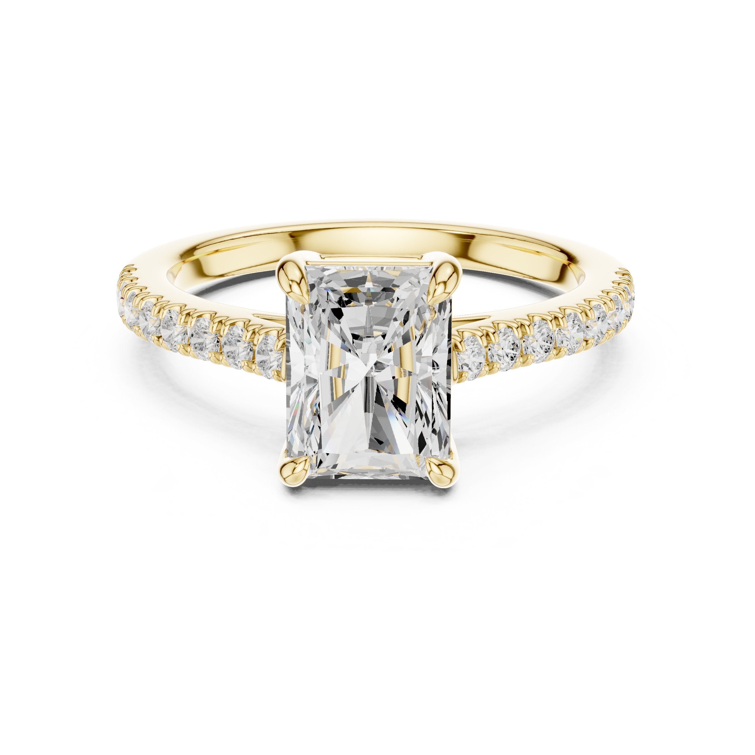 Radiant Cut Three Stone Engagement Ring with Tapered Baguette Sides and Pavé Band in Yellow Gold - VYKA Diamonds