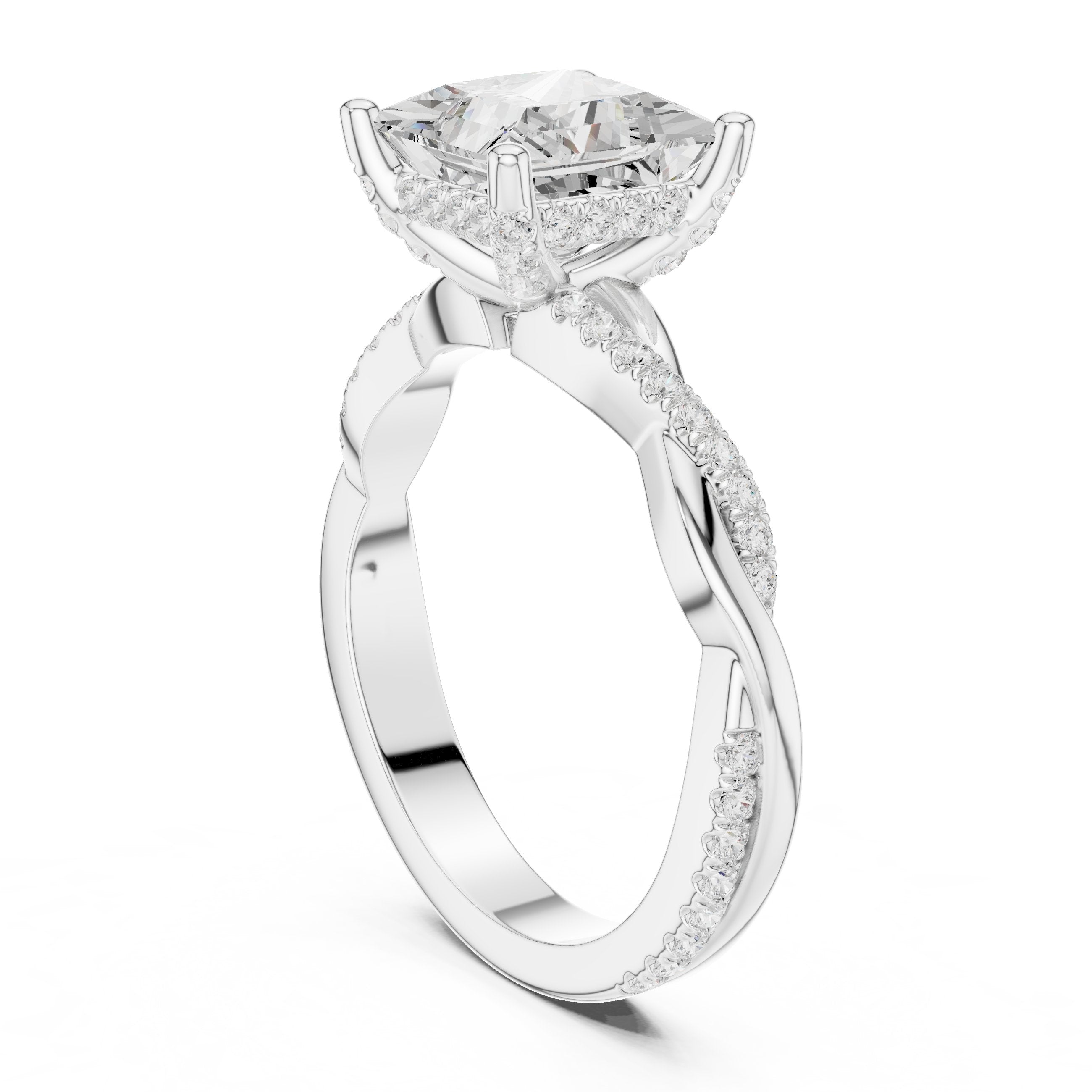 Princess Cut Engagement Ring with Twisted Infinity Pavé Band in White Gold - VYKA Diamonds