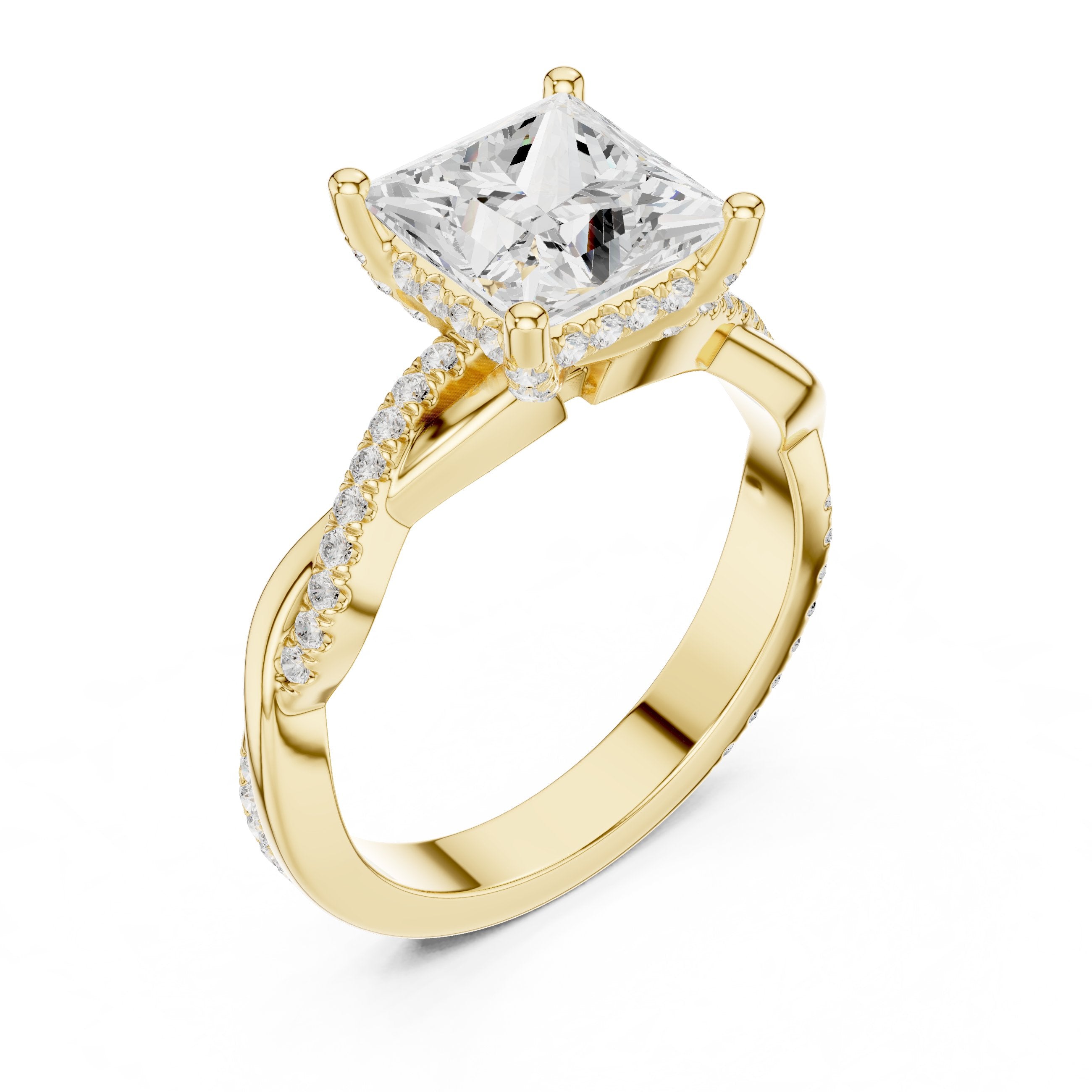 Princess Cut Engagement Ring with Twisted Infinity Pavé Band in Yellow Gold - VYKA Diamonds