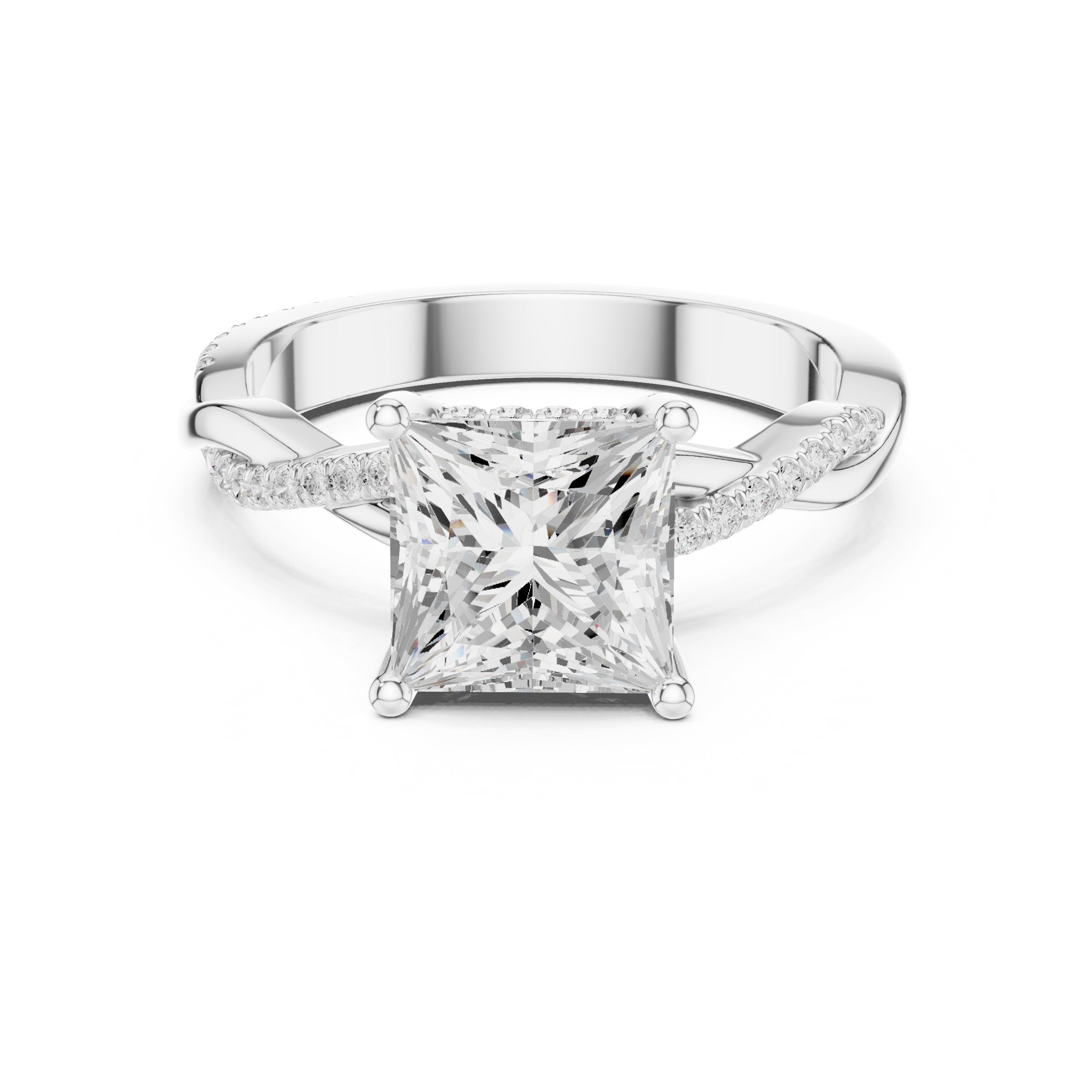 Princess Cut Engagement Ring with Twisted Infinity Pavé Band in White Gold - VYKA Diamonds