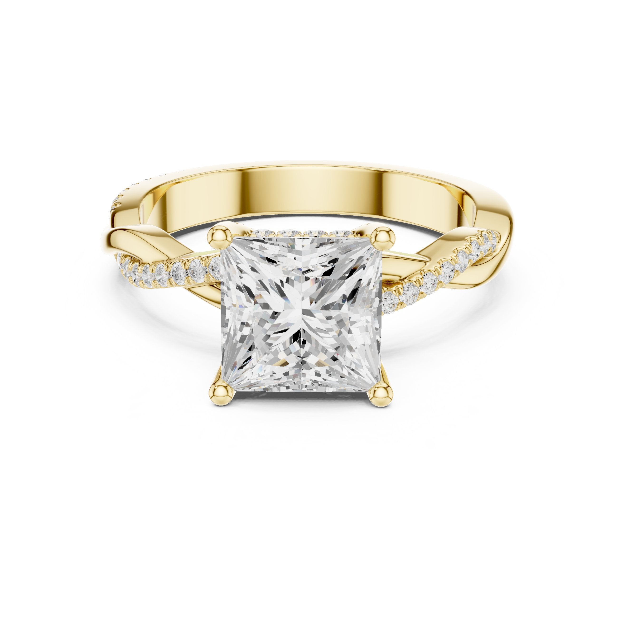 Princess Cut Engagement Ring with Twisted Infinity Pavé Band in Yellow Gold - VYKA Diamonds